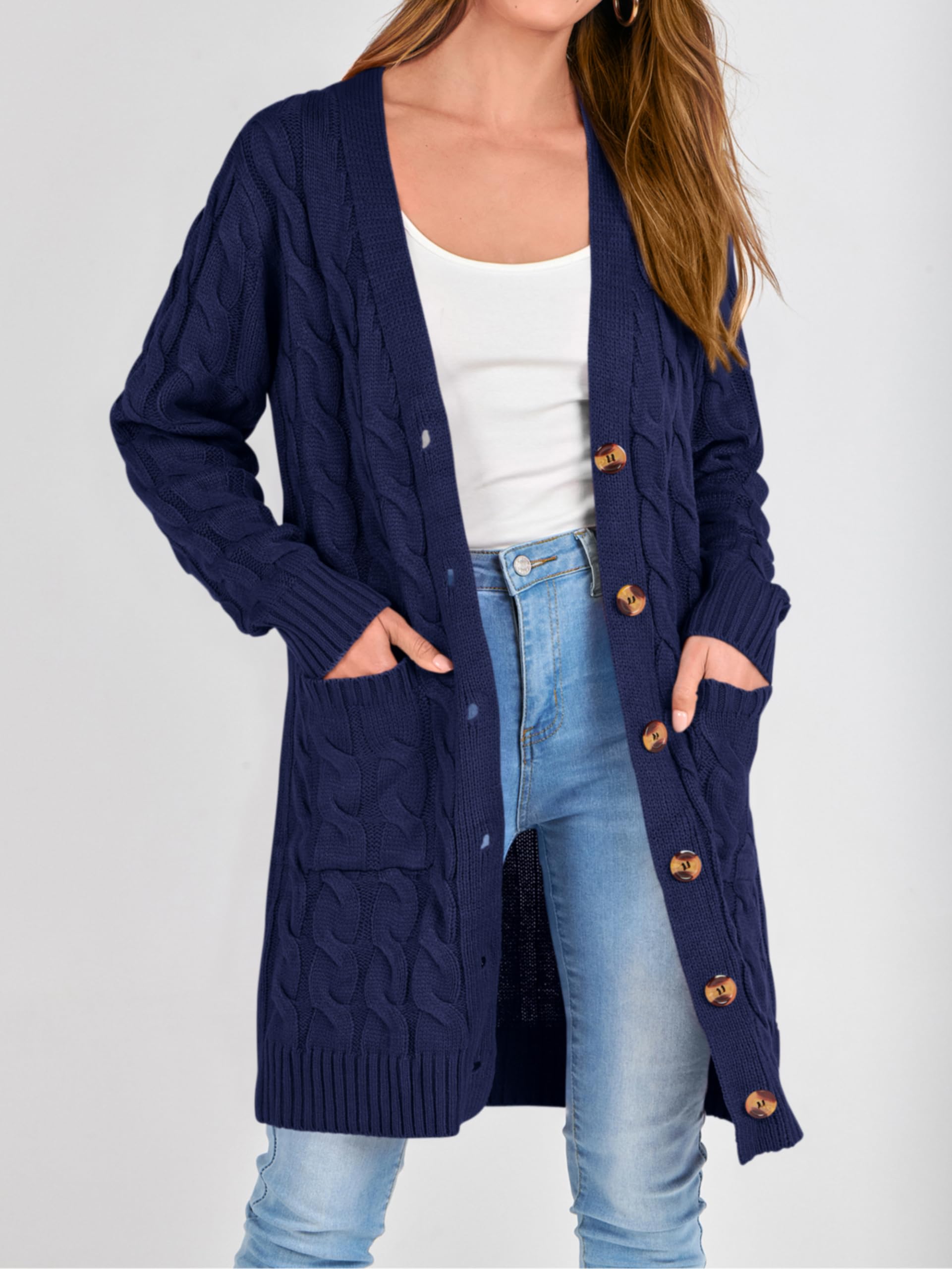 PRETTYGARDEN Long Sleeve Cable Knit Long Cardigan for Women 2026 Spring Winter Chunky Open Front Button Sweaters with Pockets(Dark Blue,Small)