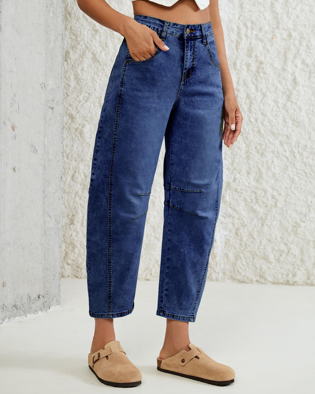 Vetinee High Rise Barrel Relaxed Fit Barrel Jeans for Women 26 Inseam Womens High Waisted Womens Jeans Size 14 Classic Blue Large