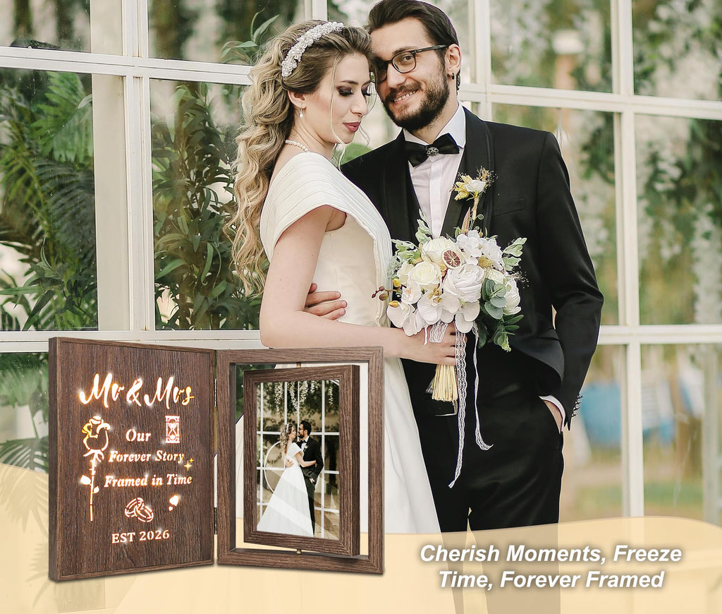 EYITUPC Wedding Gifts for Couples 2026 Light Up Mr and Mrs Picture Frame, Bridal Shower Gifts for Bride Groom, Rotating Wedding Photo Frames 4x6 for 2 Pictures