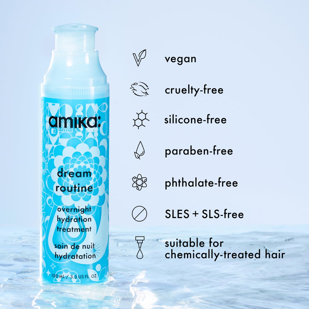 amika dream routine overnight hydrating hair mask | no rinse leave-in treatment for dry hair, ultra-hydrating, with hyaluronic acid for long-lasting moisture