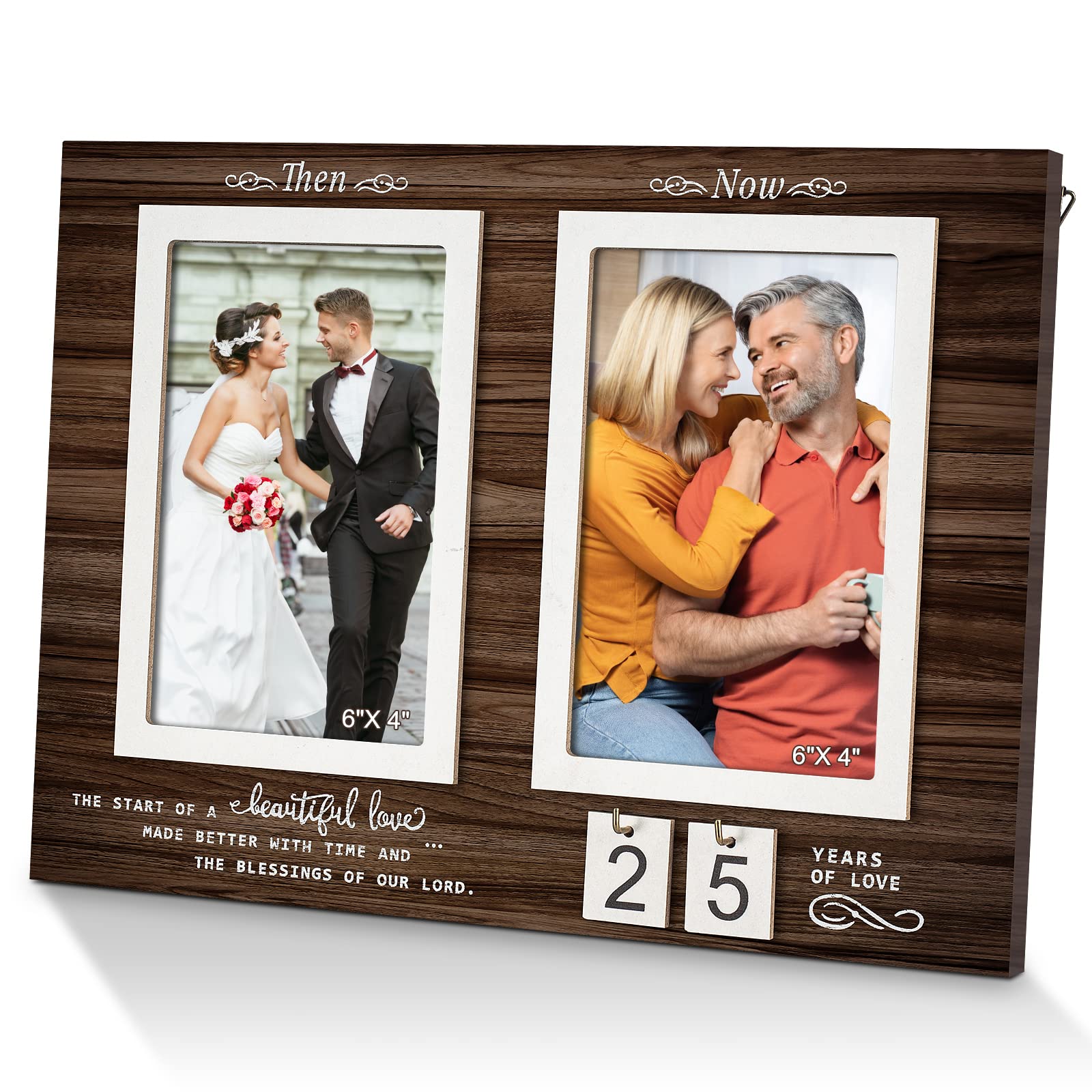 Then & Now Anniversary Picture Frame, 1-99 Years Wedding Gift Ideas - Anniversary Wood Photo Frame, Engagement Bridal Shower Gifts with Sentimental Quote - Holds 2 4x6 Inches Photos (Then & Now)