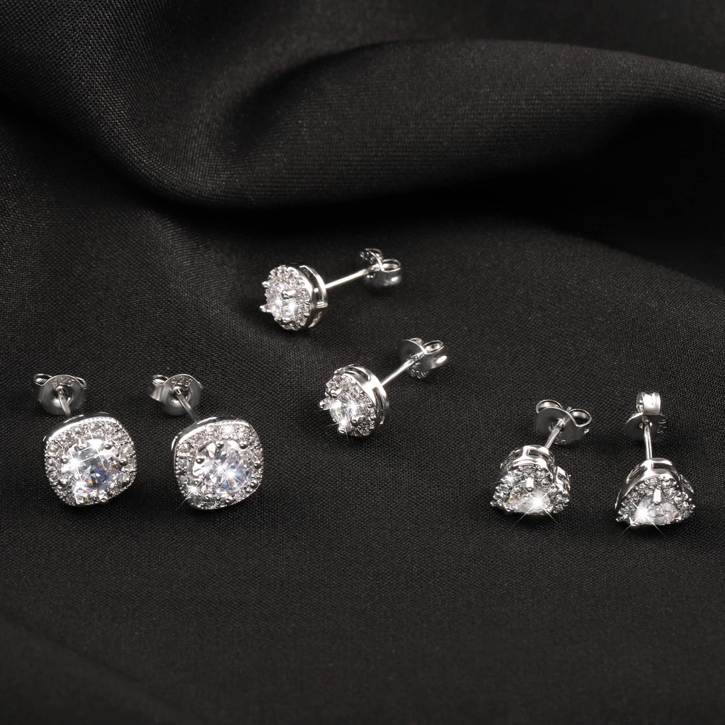 ALEXCRAFT Sterling Silver Halo Stud Earrings for Women Cubic Zirconia Round Heart Square Diamond Large Silver Studs Set Earring for Men 3 Pairs