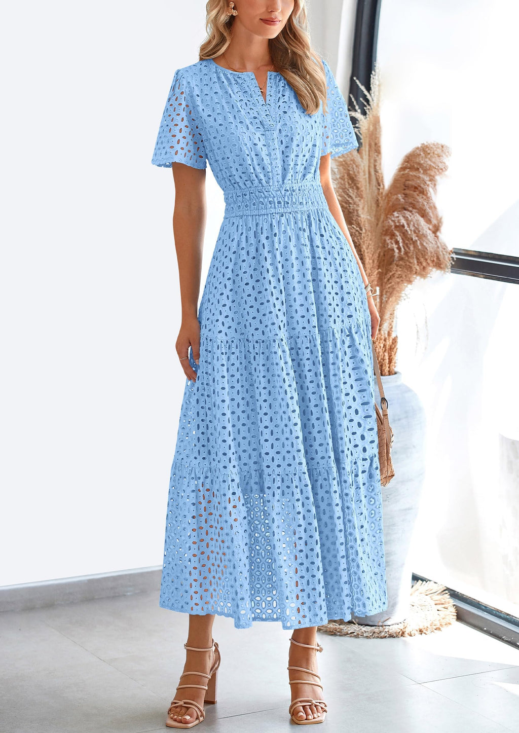 PRETTYGARDEN Womens 2025 Summer Maxi Dress Short Sleeve V Neck Hollow Out Eyelet A Line Long Flowy Beach Vacation Dresses (Light Blue,Medium)