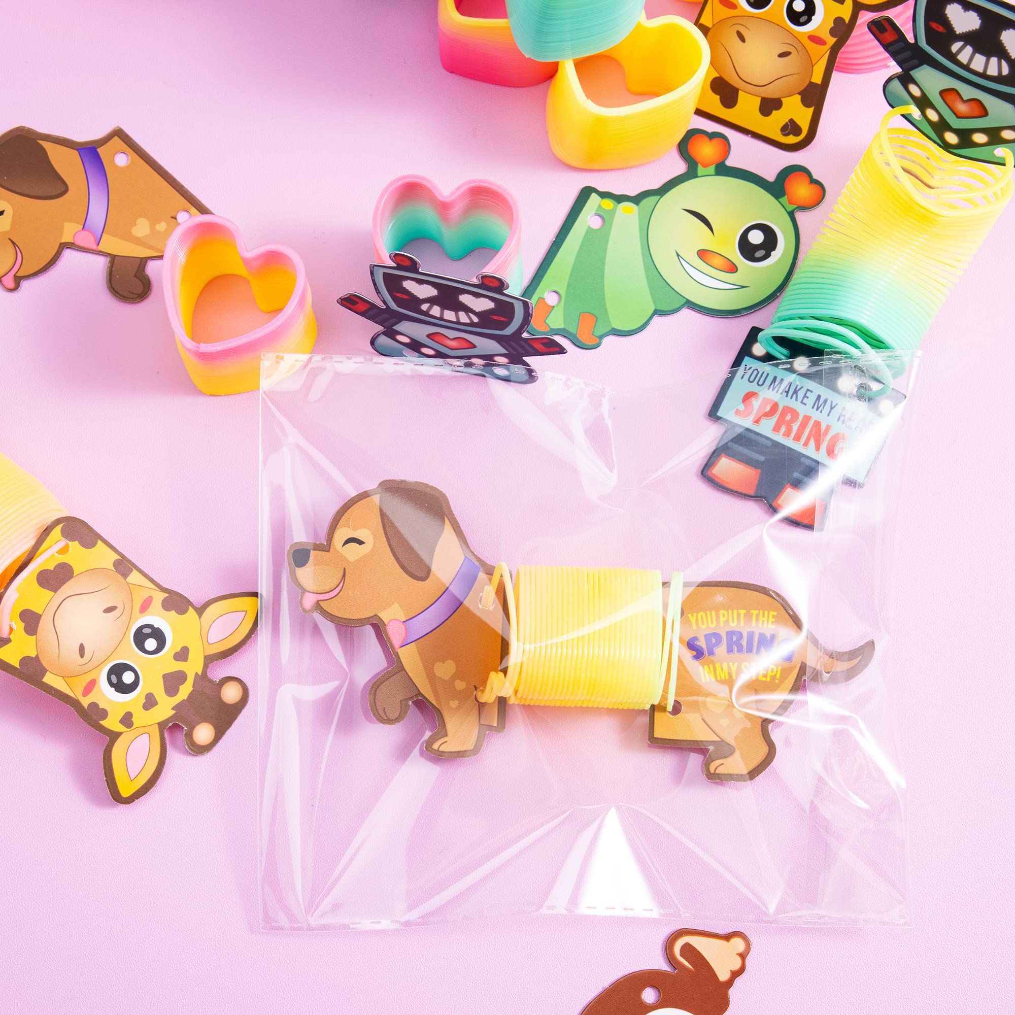 JOYIN 28 Packs Valentine's Day Animal Cards with Coil Springs Rainbow Springs, Stress Relief Coil Toys with Cards for Kids Valentine's Classroom Exchange Prizes Game Prizes, Valentine's Party Favors