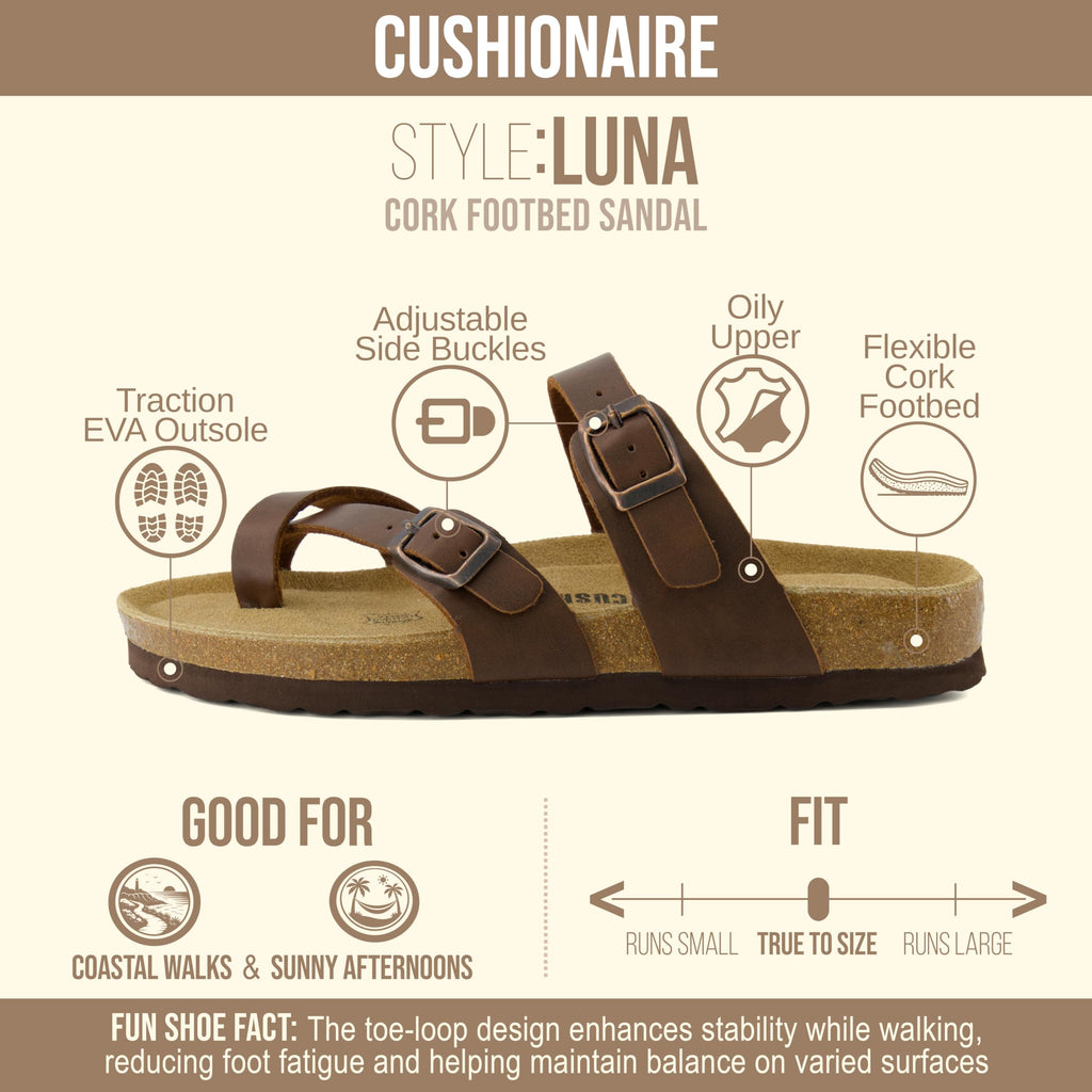 CUSHIONAIRE Luna Sandals for Women, Cork Footbed Womens Sandals for Summer Comfort with Adjustable Straps, Wide Width Available, BROWN 6.5W