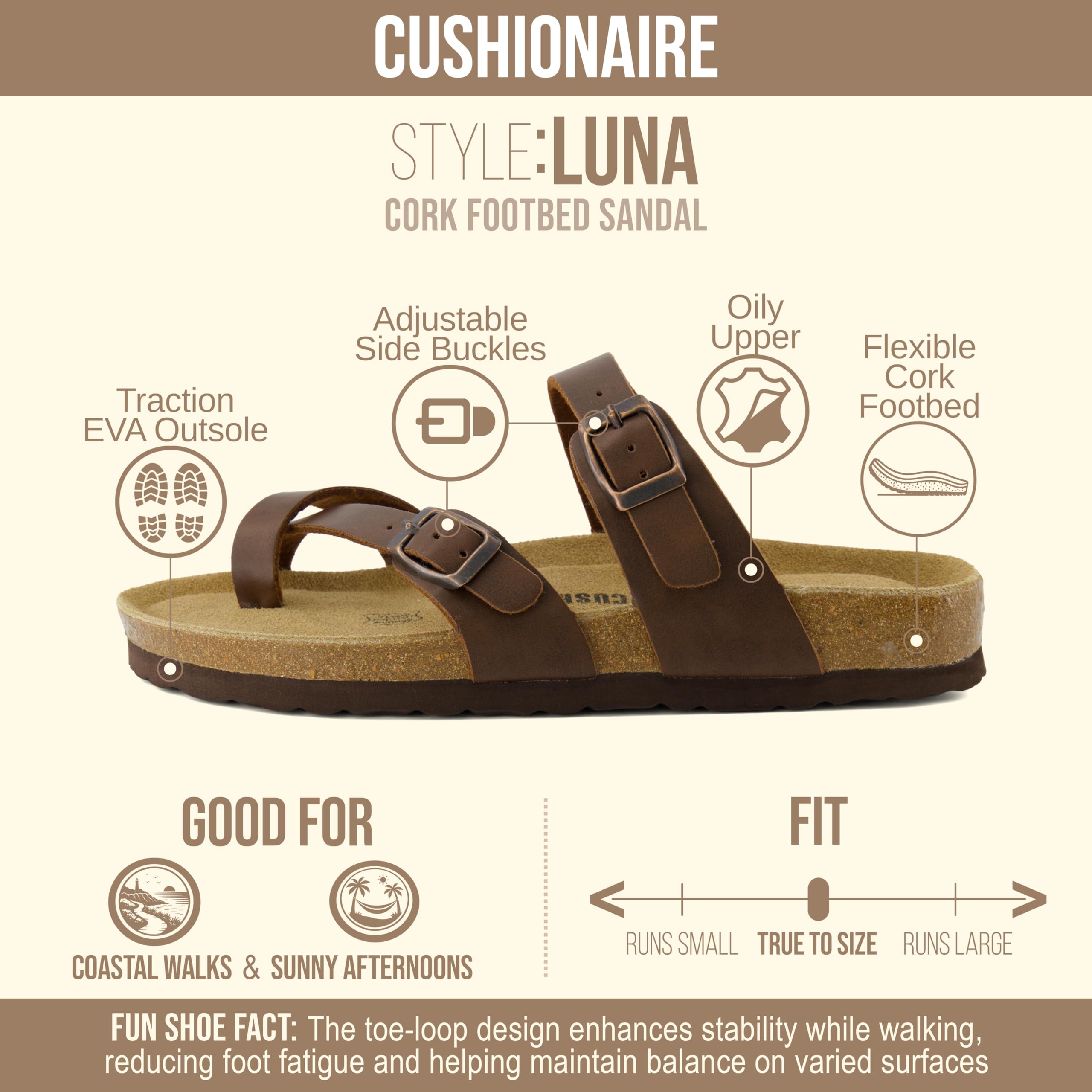 CUSHIONAIRE Luna Sandals for Women, Cork Footbed Womens Sandals for Summer Comfort with Adjustable Straps, Wide Width Available, BROWN 6.5W