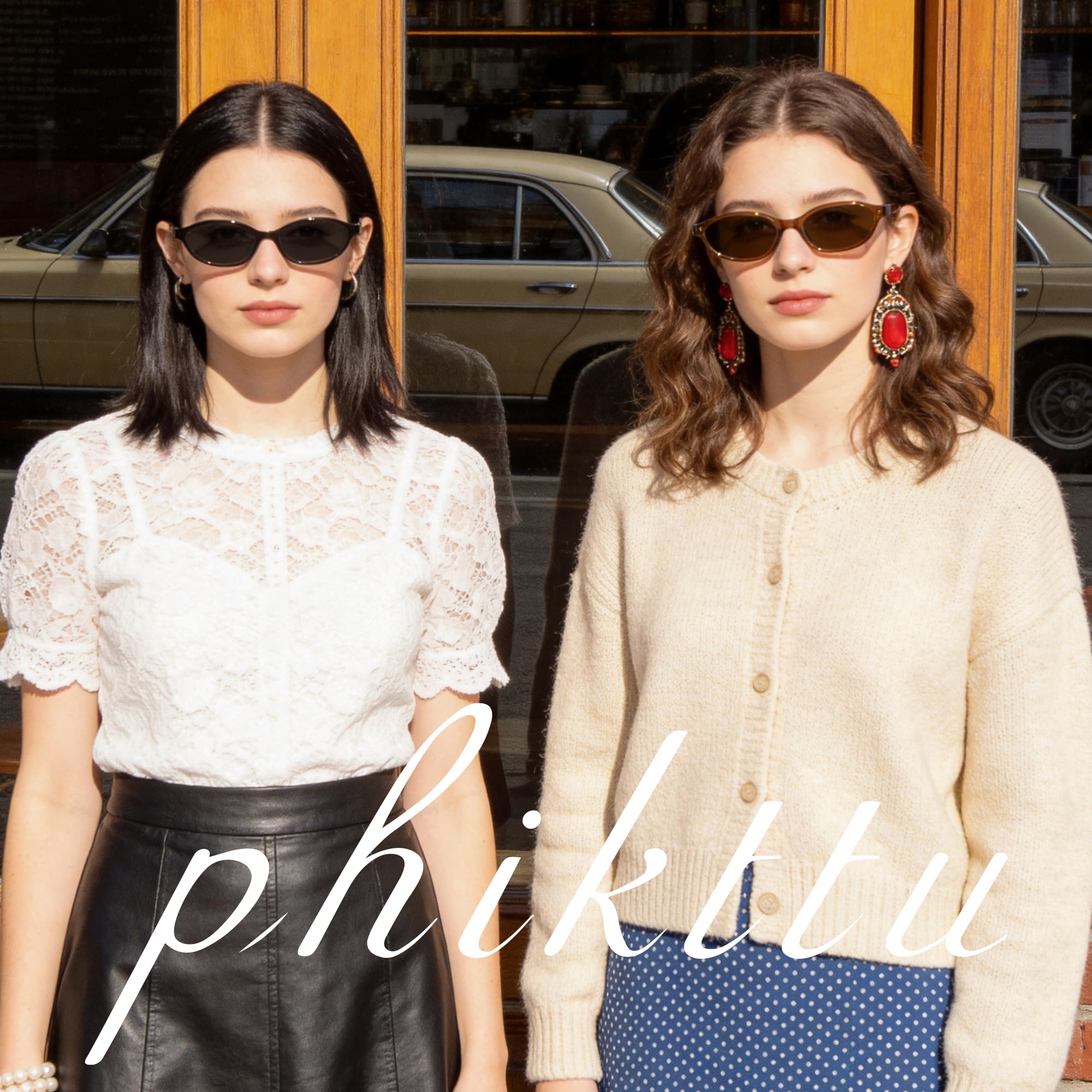 phikttu Sunglasses Womens Retro Oval Sunglasses for Women - Cat Eye 90s Glasses Y2K UV400 Lightweight Narrow Shades