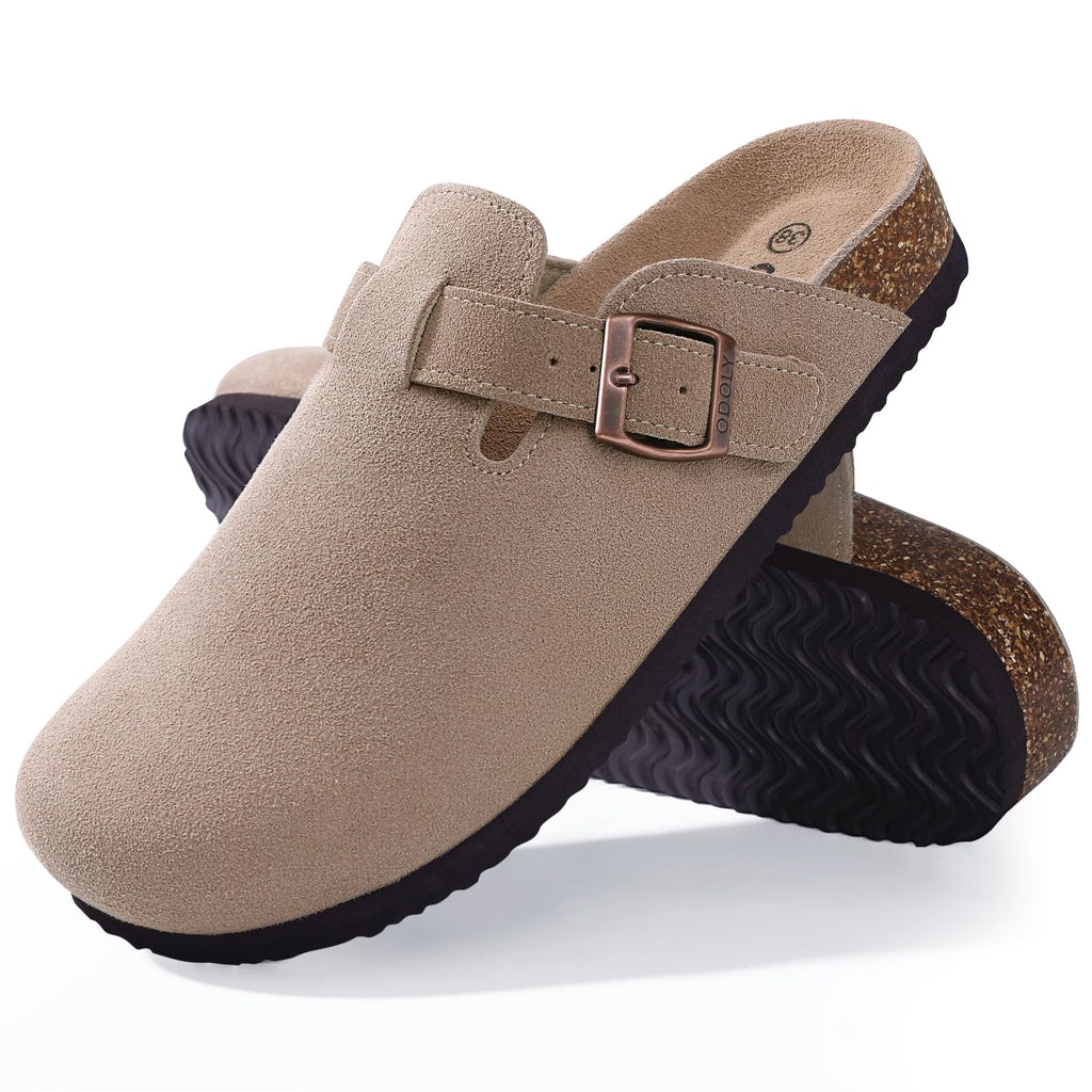 ODOLY Genuine Suede Clogs for Women Men Soft Cork Footbed Leather Mules Comfort Potato Shoes with Arch Support, Taupe 39