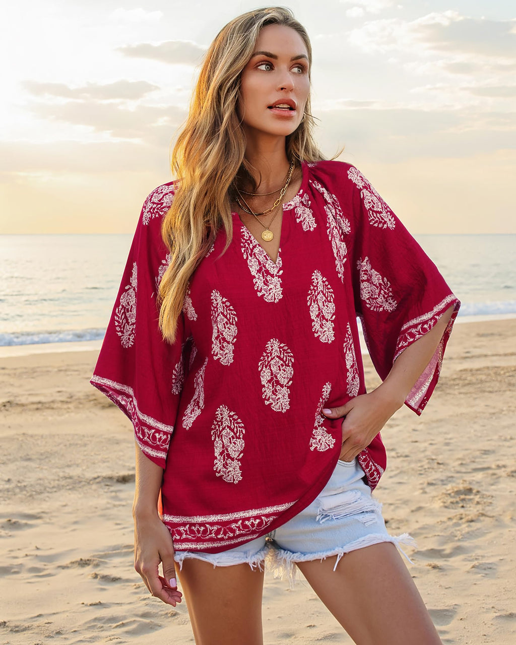 Bebonnie Summer Blouses for Women 2025: 3/4 Sleeve Dressy Casual V Neck Boho Tops - Professional Blouses for Women Office Wear - Work Dress Shirts Teacher Clothes Multi Wine XXL