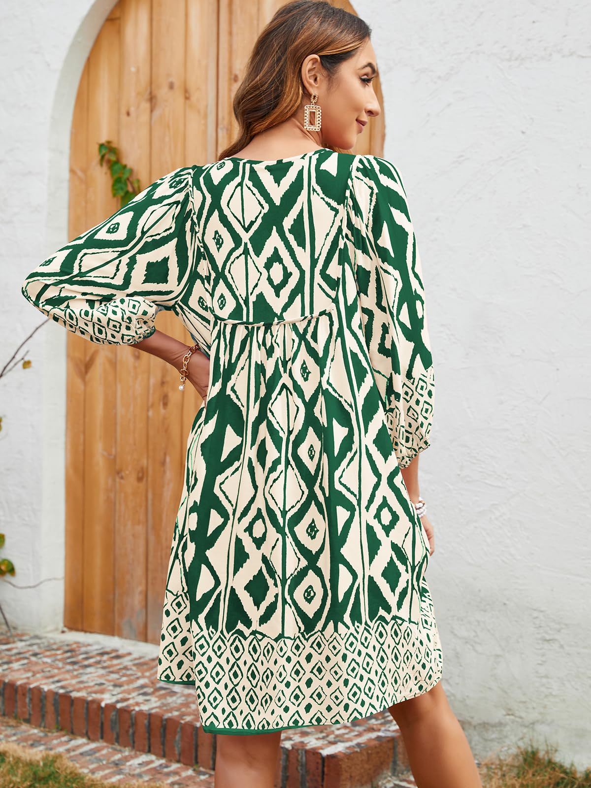 Qearal 3/4 Sleeve Casual Dresses for Women Summer Loose Short Green Bohemian Beach Dress Dark Green XL