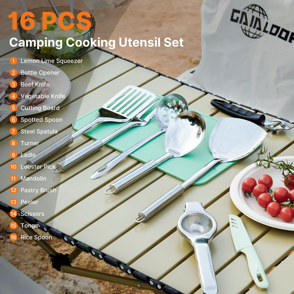 GAIALOOP Camping Cooking Utensils Set 16 PCS Camp Kitchen Cookware Kit with Organizer Bag, Portable RV Camping Essentials Camper Must Haves for Cookouts Open Fire Pit