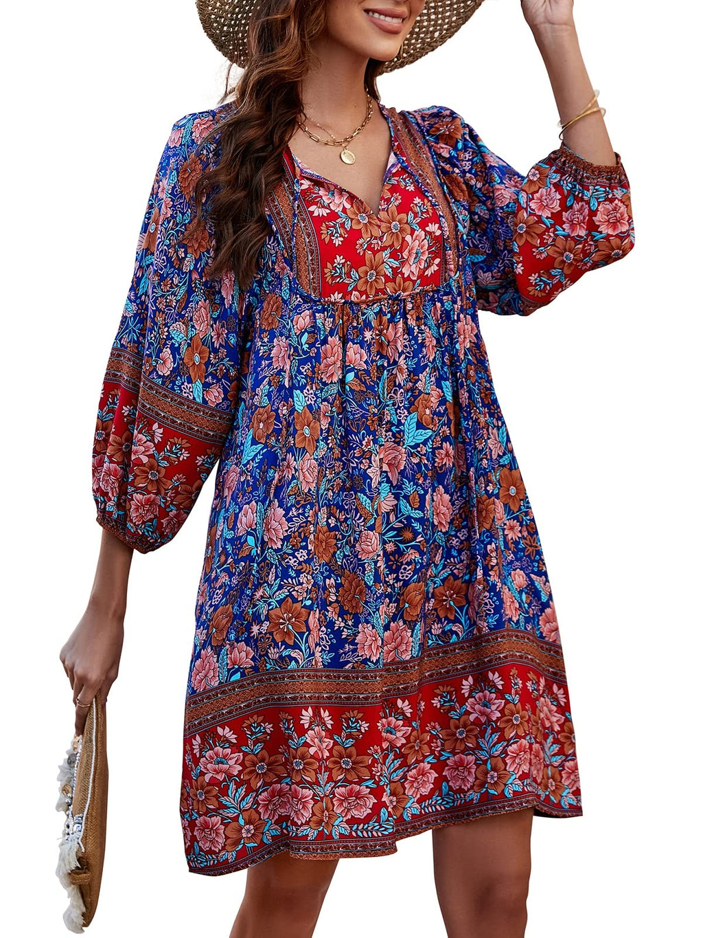 Qearal Womens Dresses Summer Floral Printed Tunic Dress 3/4 Sleeve Cover Up Dress Dark Blue XL