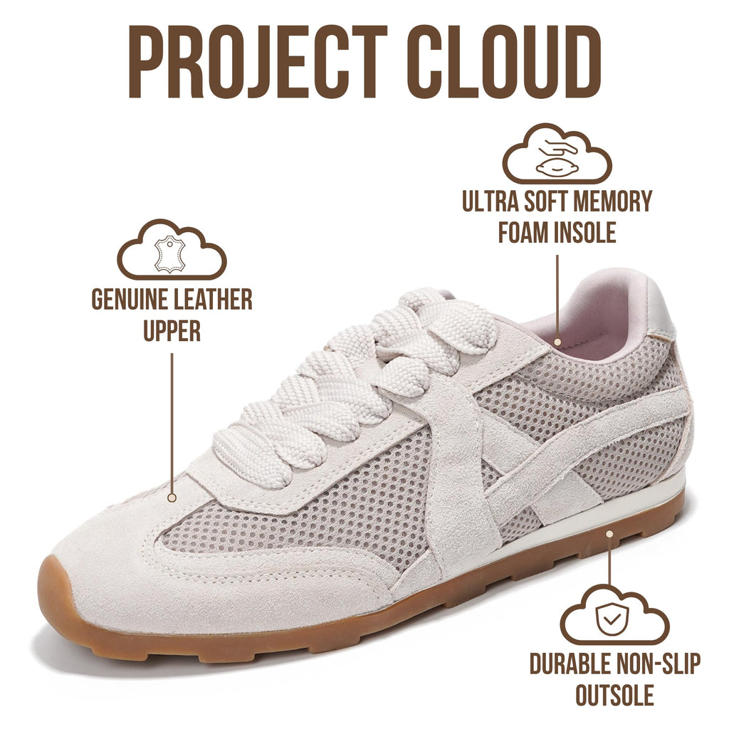 Project Cloud Leather Barefoot Shoes Women – Memory Foam Lace-Up Womens Sneakers – Lightweight & Non Slip Womens Shoes Casual – All-Day Women's Fashion Sneakers for 2026 (Tiger, Grey, 7.5)