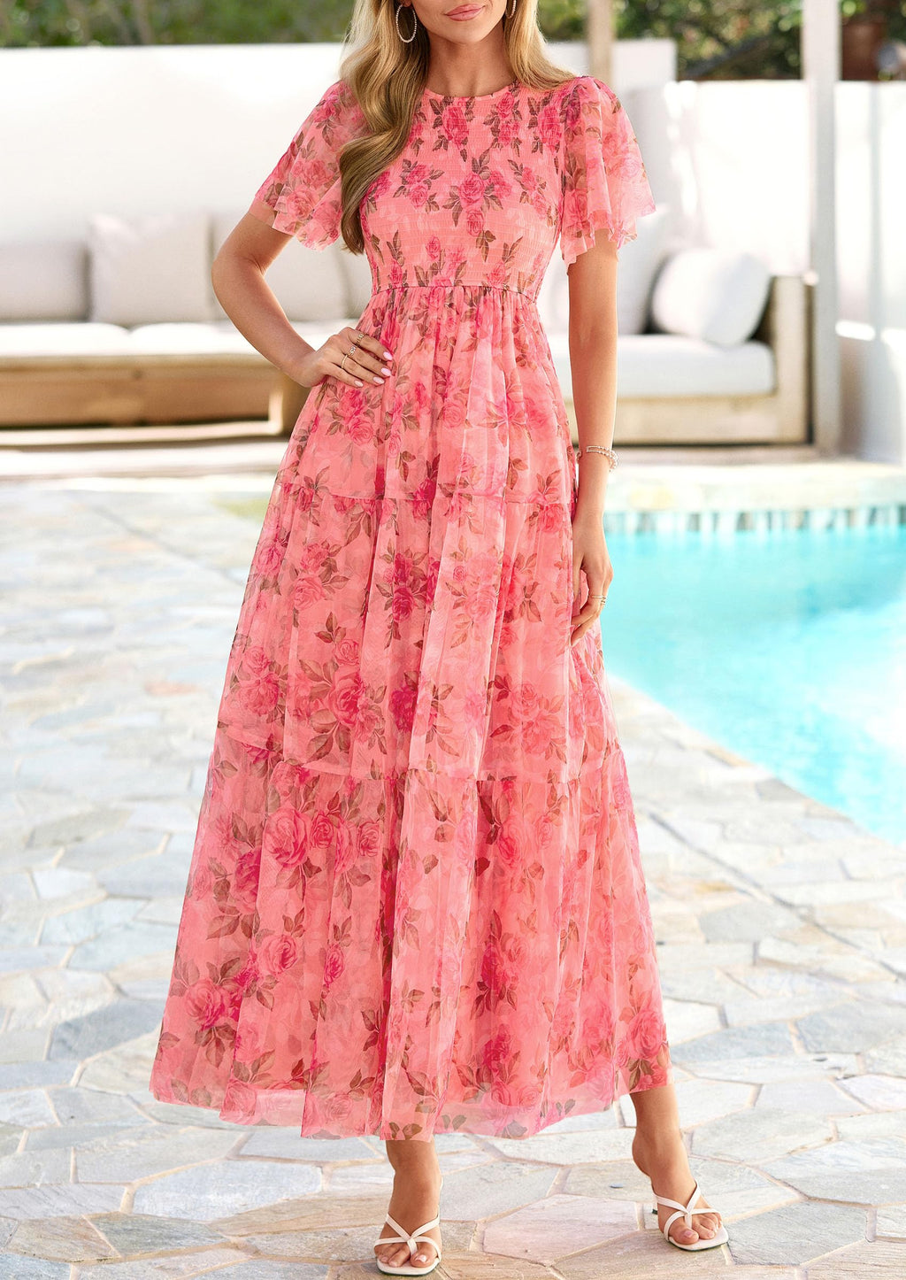 PRETTYGARDEN Tulle Floral Dress Women Summer Wedding Guest 2026 Spring Short Sleeve Maxi Smocked Flowy Beach Party Dresses (Orange Pink Red Floral,Small)
