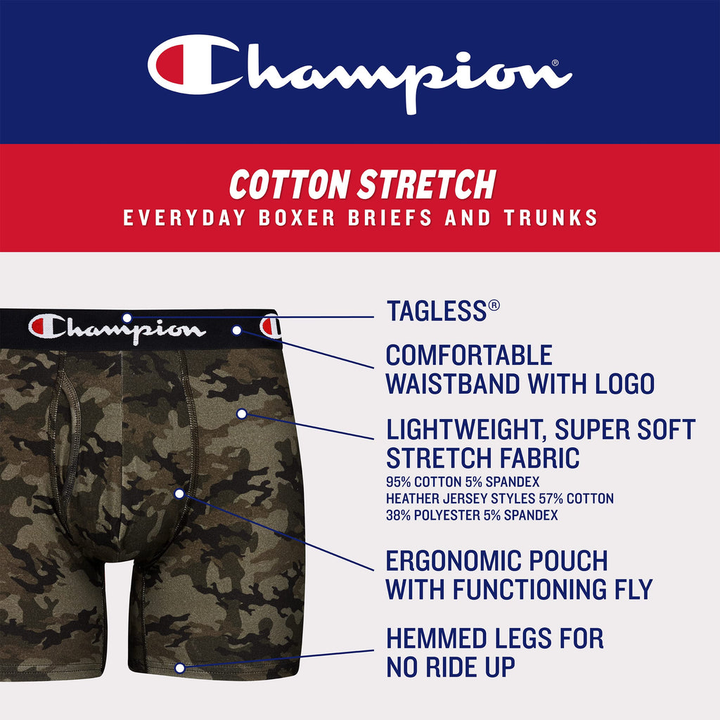 Champion Men’s Boxer Briefs, Cotton Stretch Underwear with Mesh Pouch, Moisture-Wicking, No Ride-Up Fit, Logo Waistband, Multi-Pack, Black-5 Pack, Large