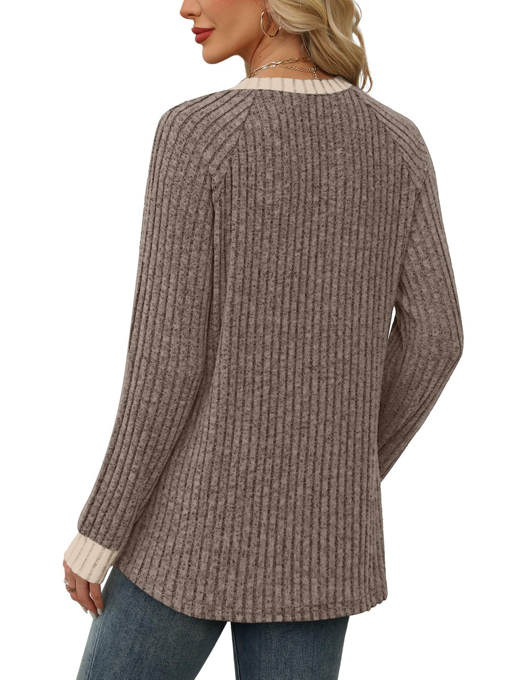 WIHOLL Sweaters for Women Long Sleeve Shirts for Women Casual Fall Fashion Must Haves 2026 Basic Cute Spring Tops Comfy Tunic Sweater Travel Teacher Outfits Work Chocolate Brown Fall Clothes Khaki