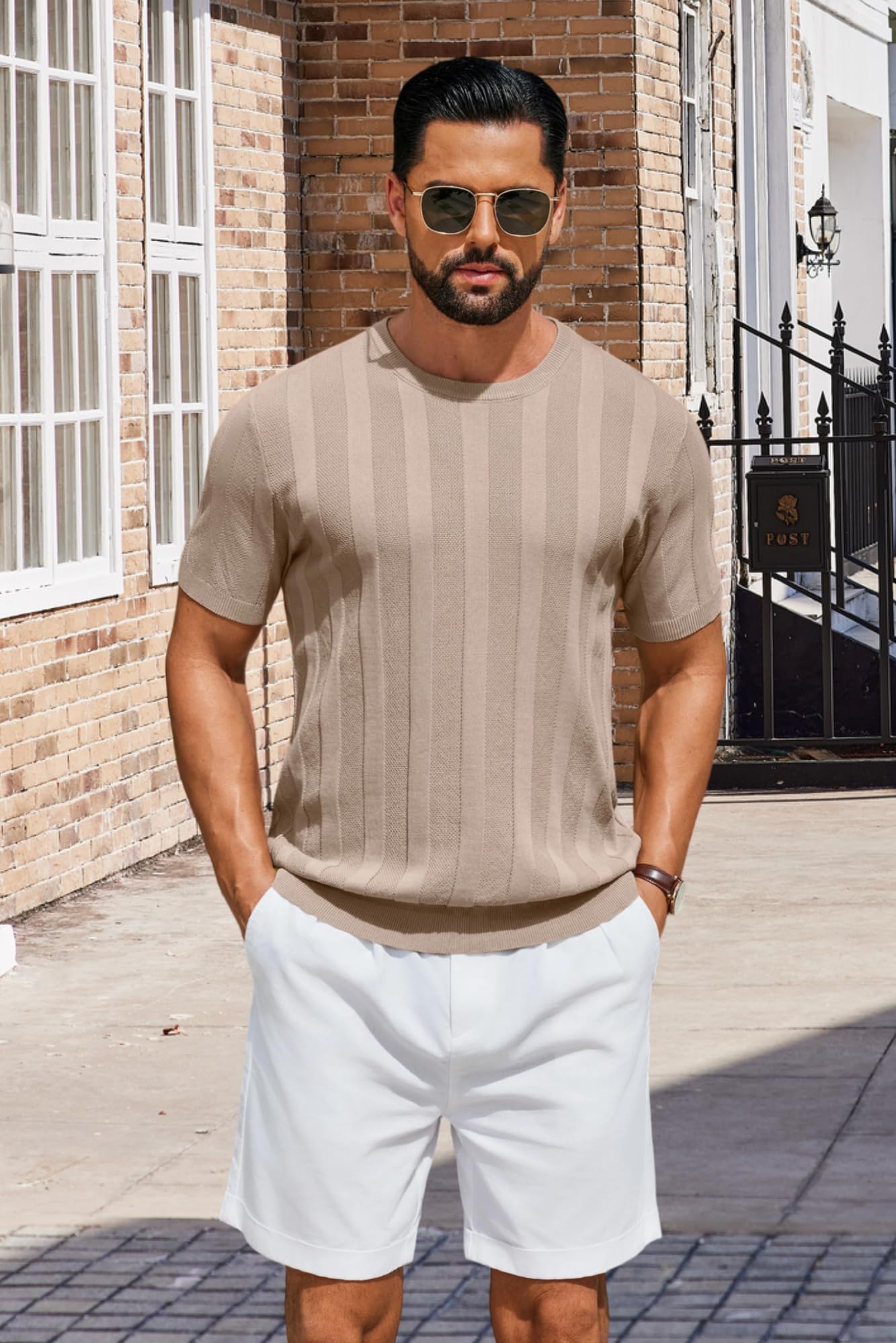 COOFANDY Crew Neck Tshirts for Men Summer Shirt Knit Short Sleeve Pullover Sweater Business Wear Khaki