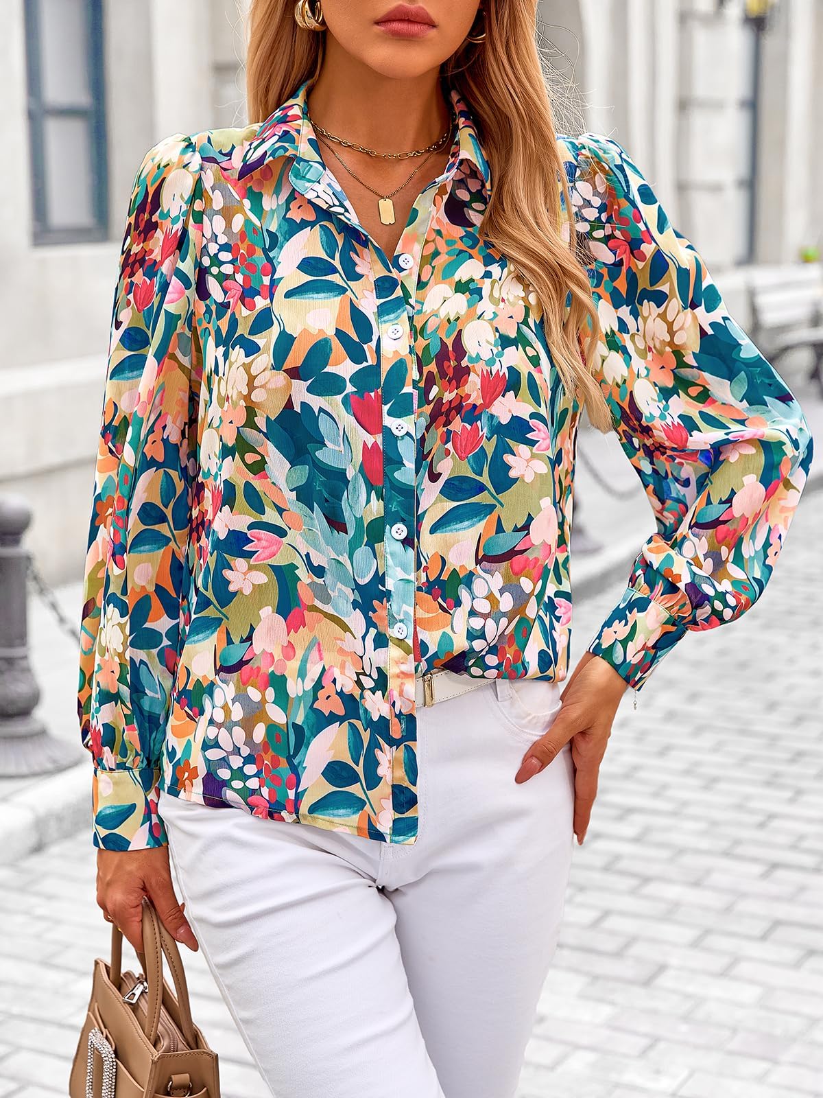 PRETTYGARDEN Women's Floral Blouses Dressy Casual V Neck Button Down Shirts Lantern Long Sleeve Boho Chiffon Spring Tops 2026(Floral Blue Green,M)