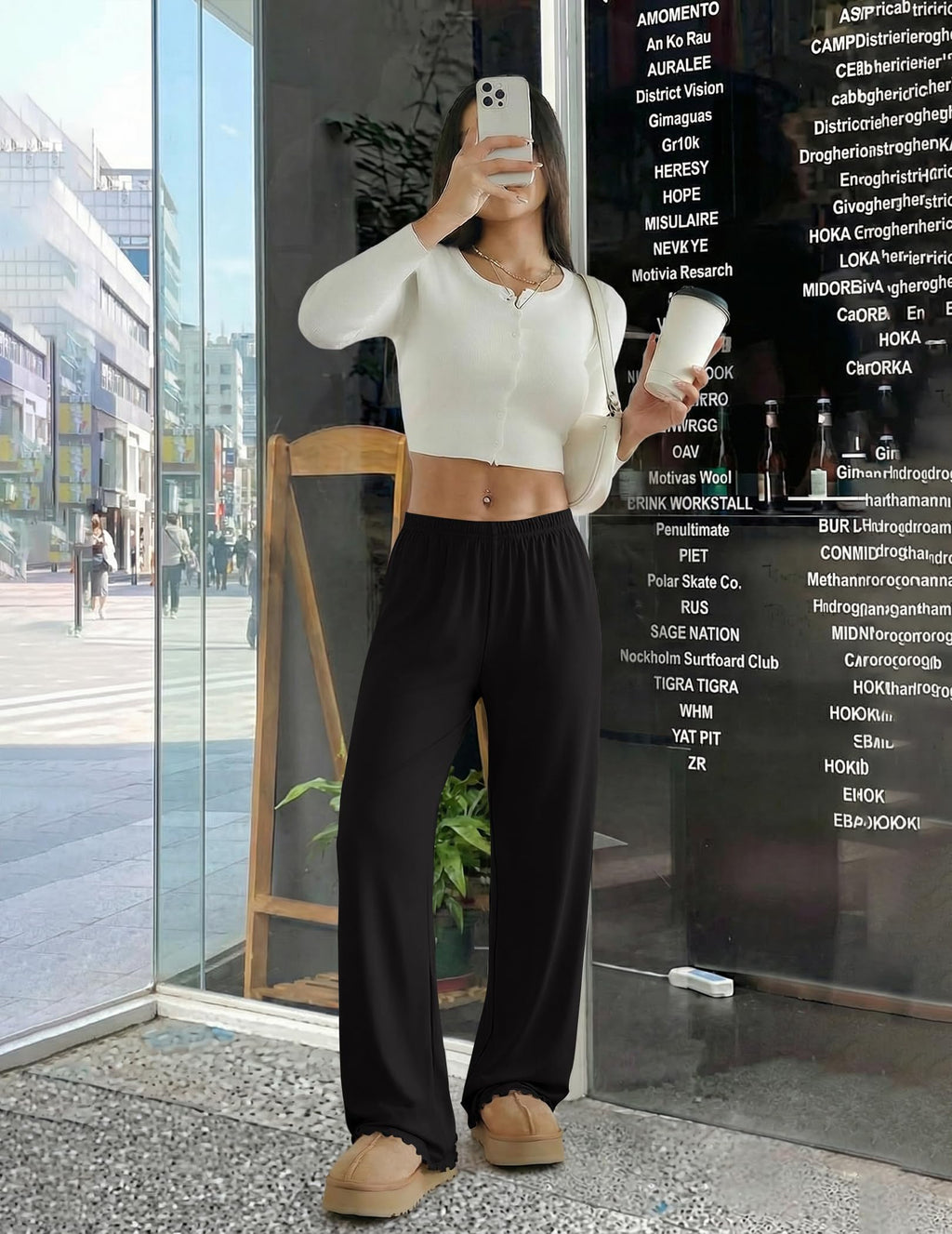 Ekouaer Pajama Pants Women Soft Casual Lounge Pajama Bottoms Comfy Stretch Sleep Pants Wide Leg Pj Bottoms with Pockets,Black,M