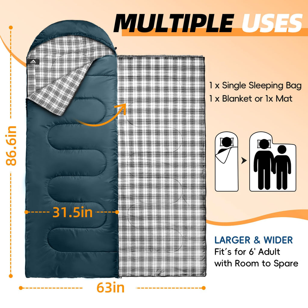 MEREZA Flannel Sleeping Bag for Adults XL, Large Wide Sleeping Bags for Camping Mens Warm Cotton Sleeping Bag 4 Season Warm & Cool Weather with Compression Sack (Navy Blue)