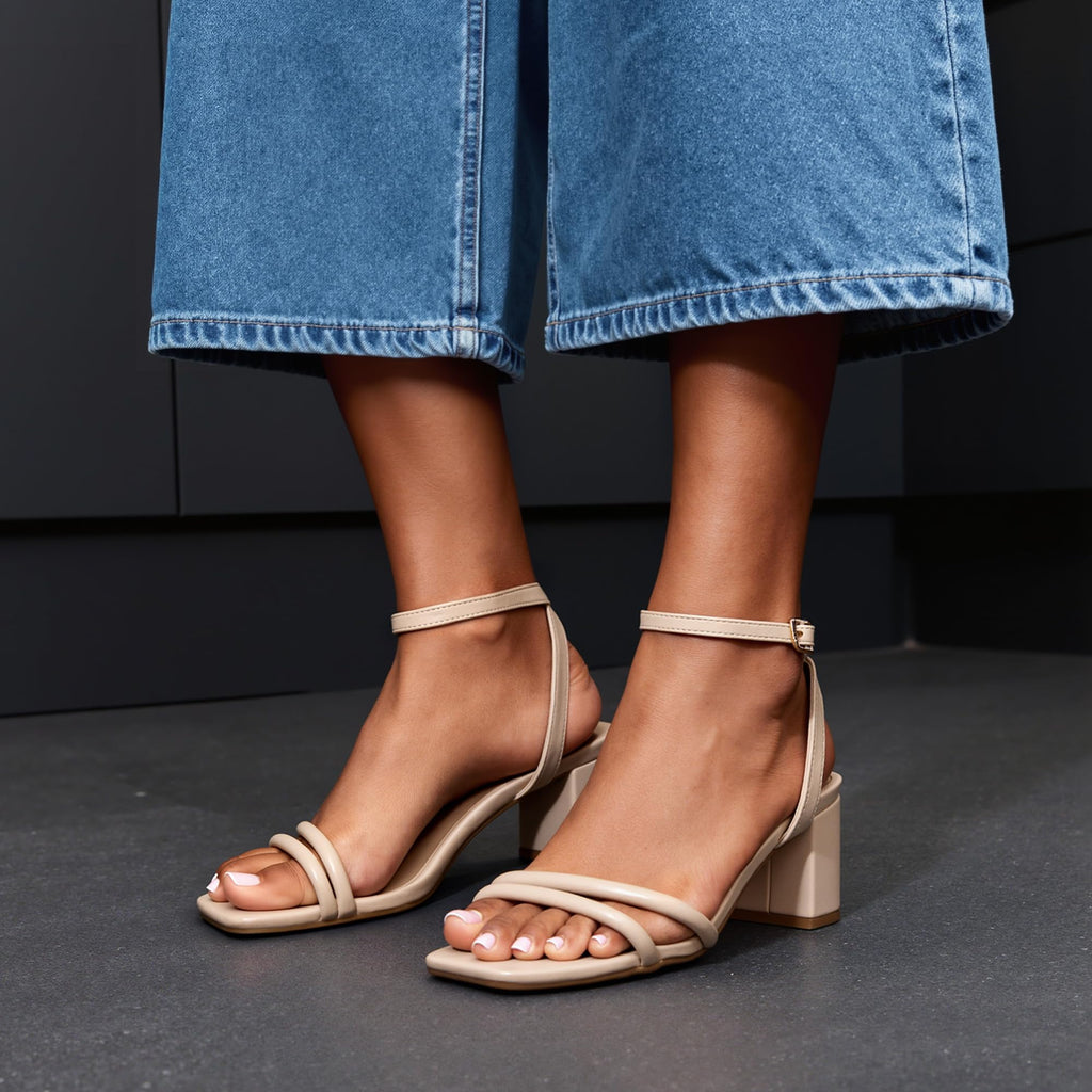 DREAM PAIRS Women's Chunky Strappy Heels Square Open Toe Ankle Buckle Low Heels Sandals for Daily Wedding Party Dress,Size 7.5,Nude-Pu,SDHS2496W