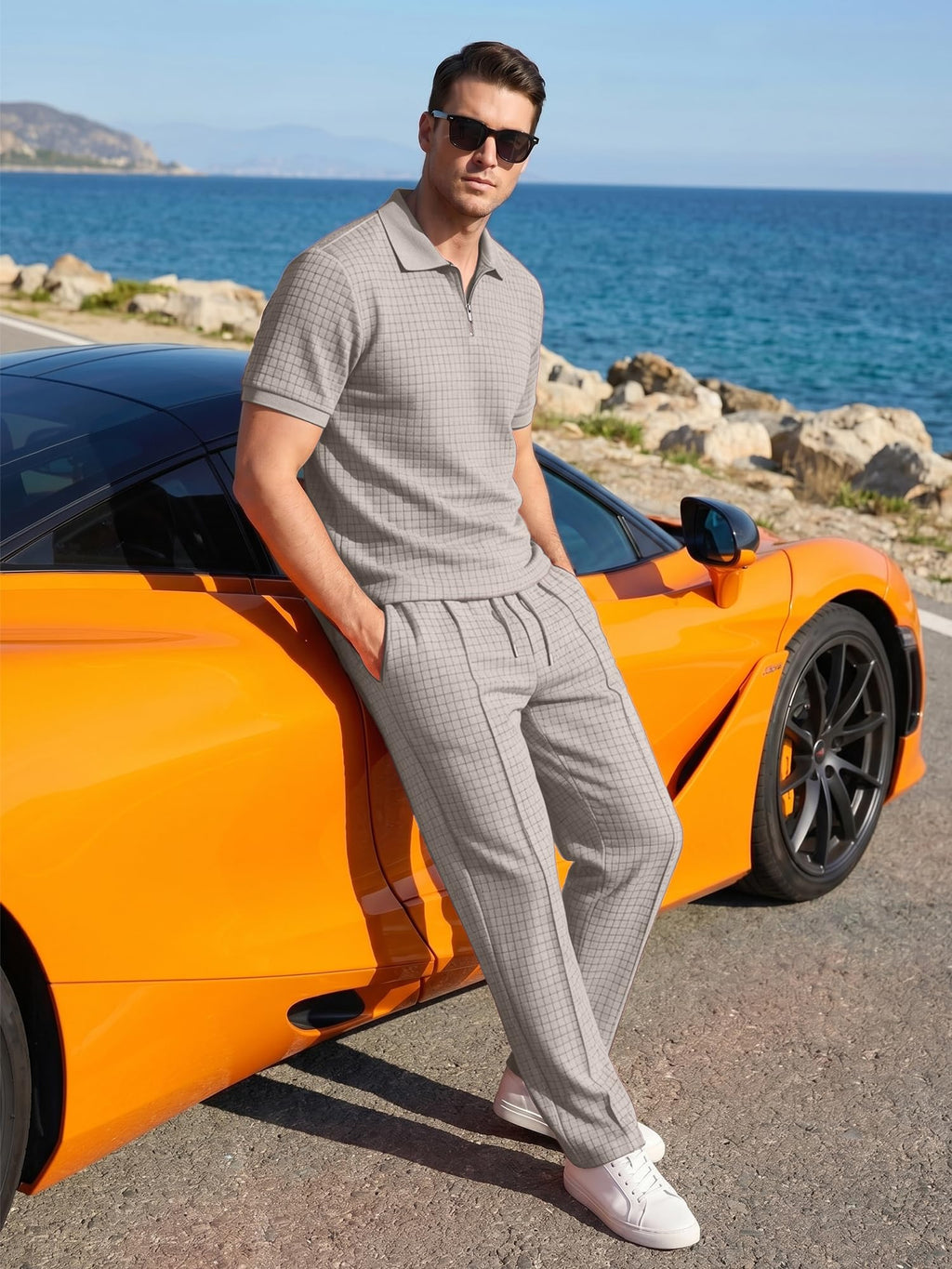 JMIERR Mens Summer Outfits Short Sets 2 Piece Outfits Waffle Textured Quater Zip Polo Shirts Casual Loose Beach Pant Vacation Old Money Cothes, S, Khaki