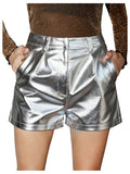 WDIRARA Women's Metallic Faux Leather Shorts High Waisted Rave Shorts with Pockets Silver Small
