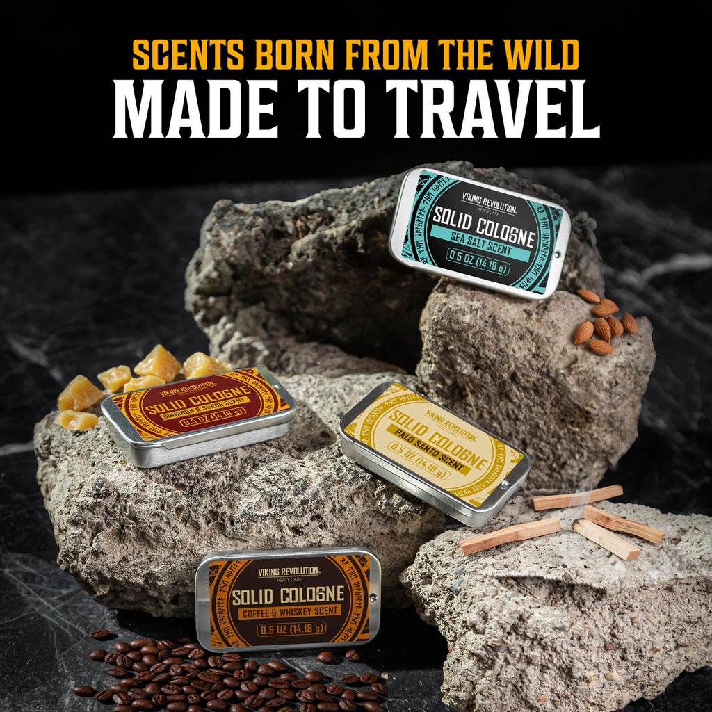 Viking Revolution 4 Pack Solid Cologne for Men - Men's Cologne Gift Set Including Coffee and Whiskey, Palo Santo, Sea Salt, Bourbon and Suede - Travel Size Gifts for Men (0.5 Oz each)