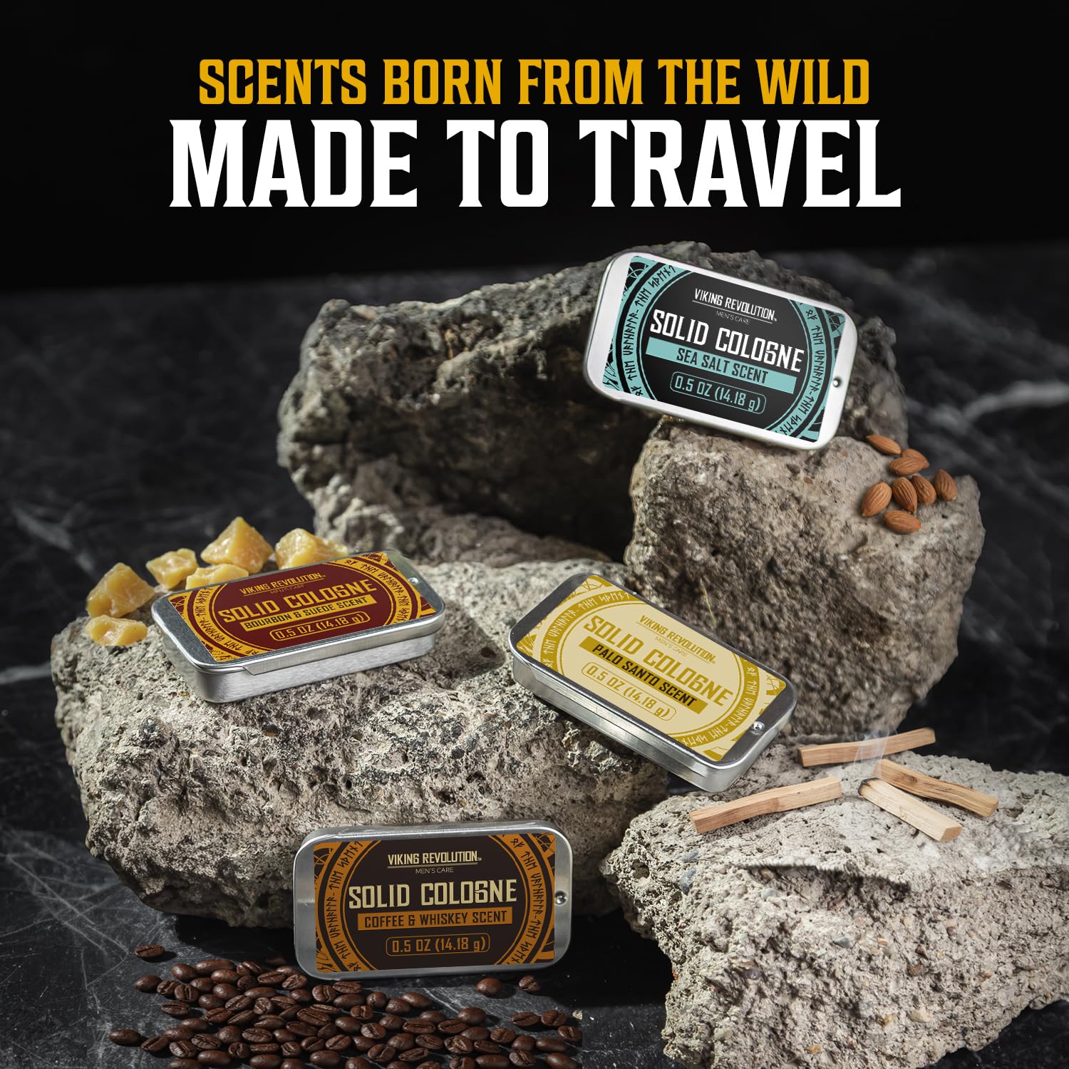 Viking Revolution 4 Pack Solid Cologne for Men - Men's Cologne Gift Set Including Coffee and Whiskey, Palo Santo, Sea Salt, Bourbon and Suede - Travel Size Gifts for Men (0.5 Oz each)