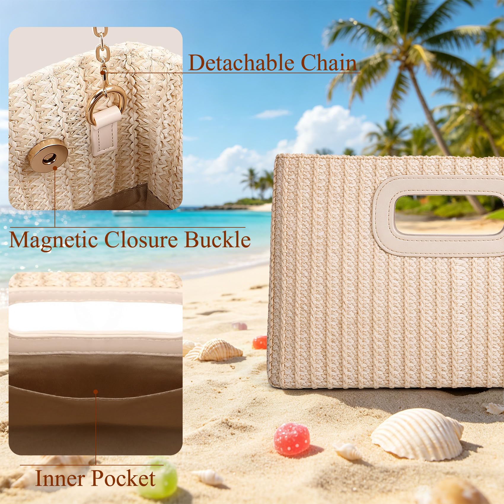XquiziFit Straw Purse Summer Purse Straw Bag Beach Purse with Detachable Chain Beige Woven Purse