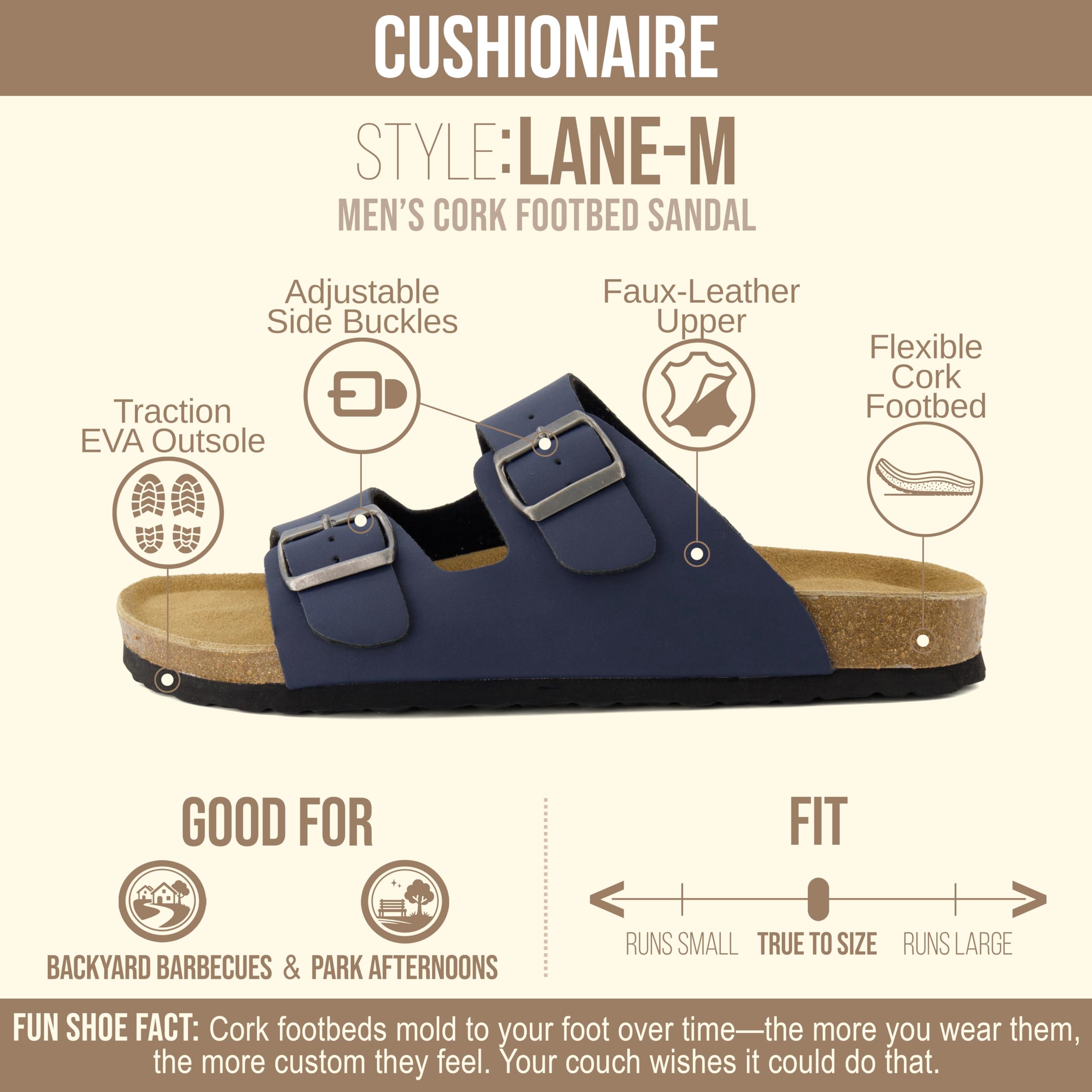 CUSHIONAIRE Lane Cork Footbed Mens Sandals, Adjustable Buckle Comfort Slides for Men, Genuine Leather Insole Summer Sandals Men Footwear, NAVY 8
