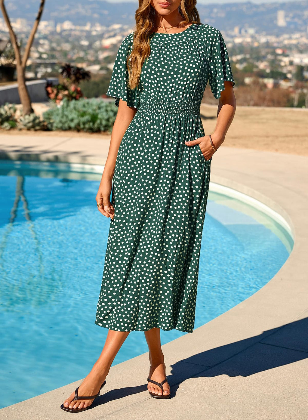 Dokotoo Spring Dresses for Women 2026 Womens Empire Waist Smocked A Line Midi Maxi Dress Polka Dot Flutter Short Sleeve Flowy Summer Casual Boho Dress Easter Green Large
