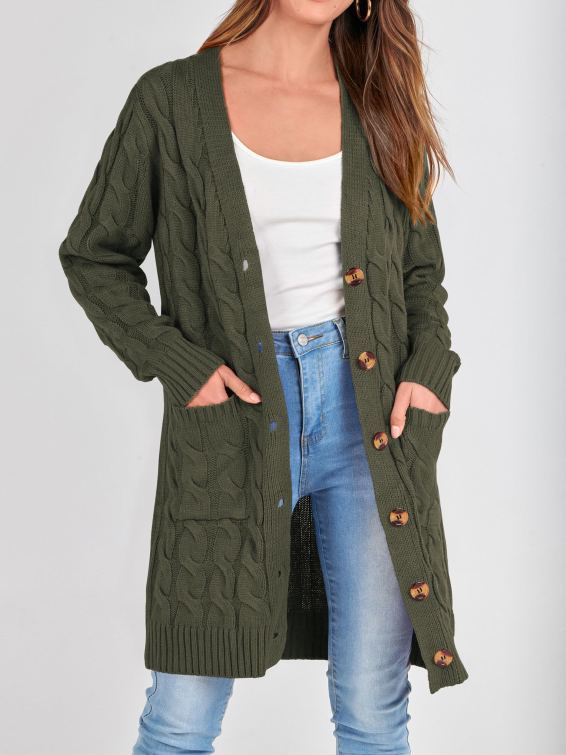 PRETTYGARDEN Long Sleeve Cable Knit Long Cardigan for Women 2026 Spring Winter Chunky Open Front Button Sweaters with Pockets (Army Green, Small)