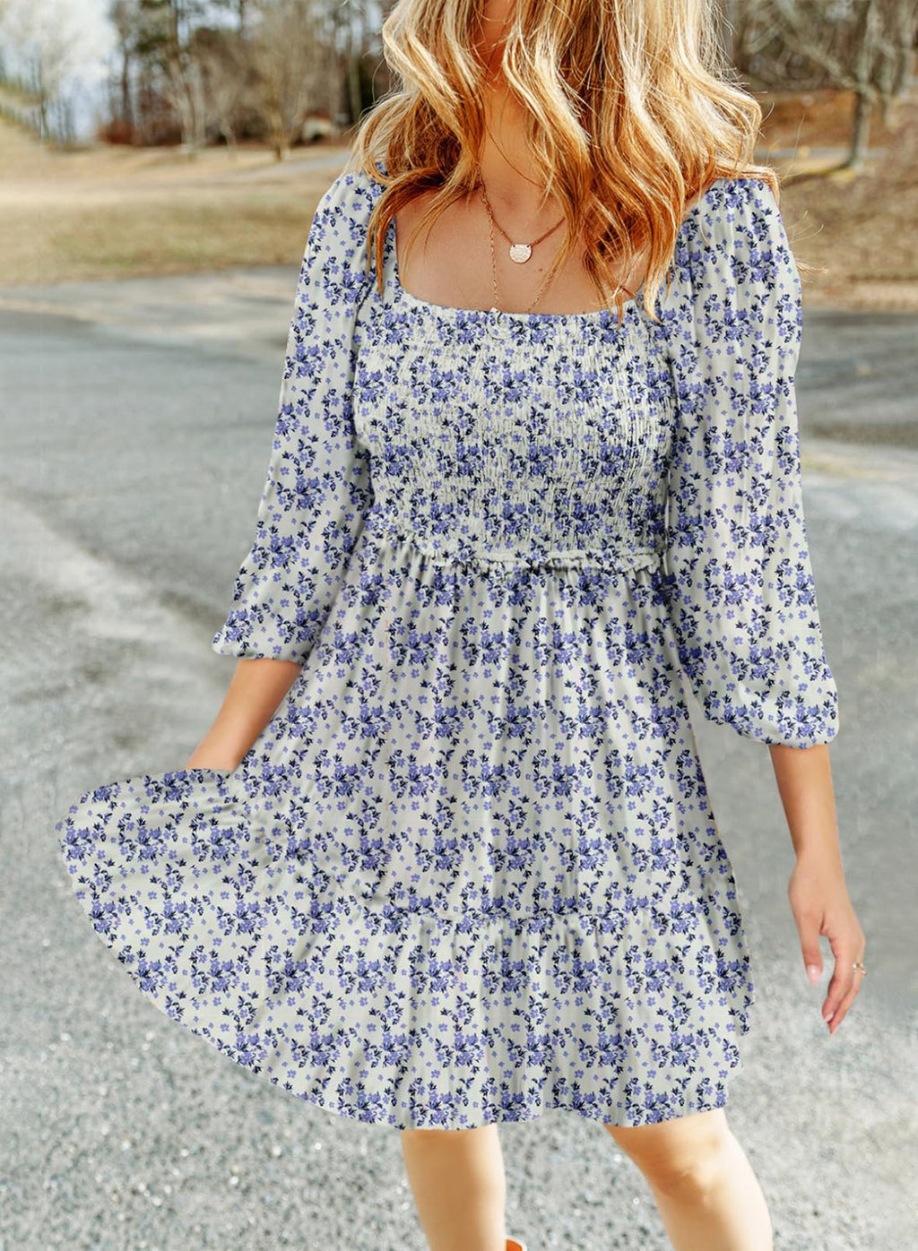 Dokotoo Wedding Guest Dresses for Women Boho Floral Long Sleeve Square Neck Smocked Ruffle Casual Elegant Chiffon A-Line Swing Mini Babydoll Western Dress Party Vacation Summer Dress Sky Blue Large