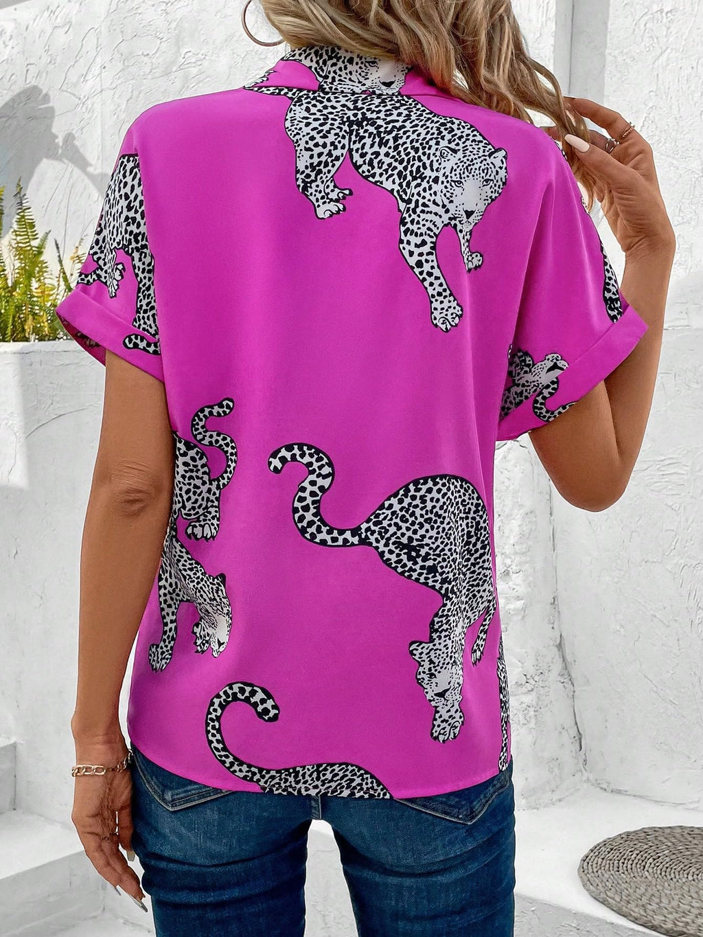 WDIRARA Women's Leopard Print Button Down Blouse Short Sleeve Collared Casual Shirt Top Hot Pink Large