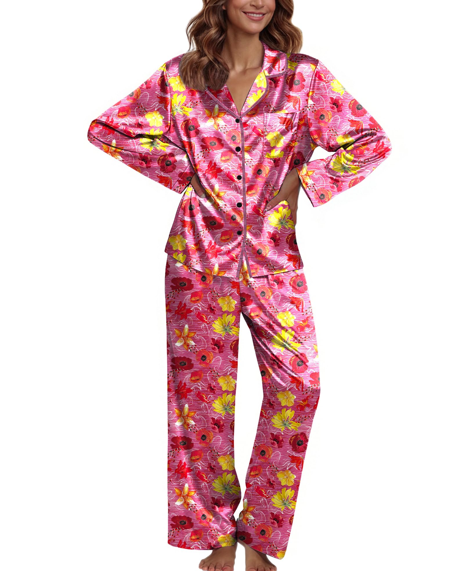 Ekouaer Pajamas For Women Set Silk Pjs 2 Piece Satin Sleepwear Long Sleeve Button Down Lounge Sets With Pant Rose Red Flower XXL