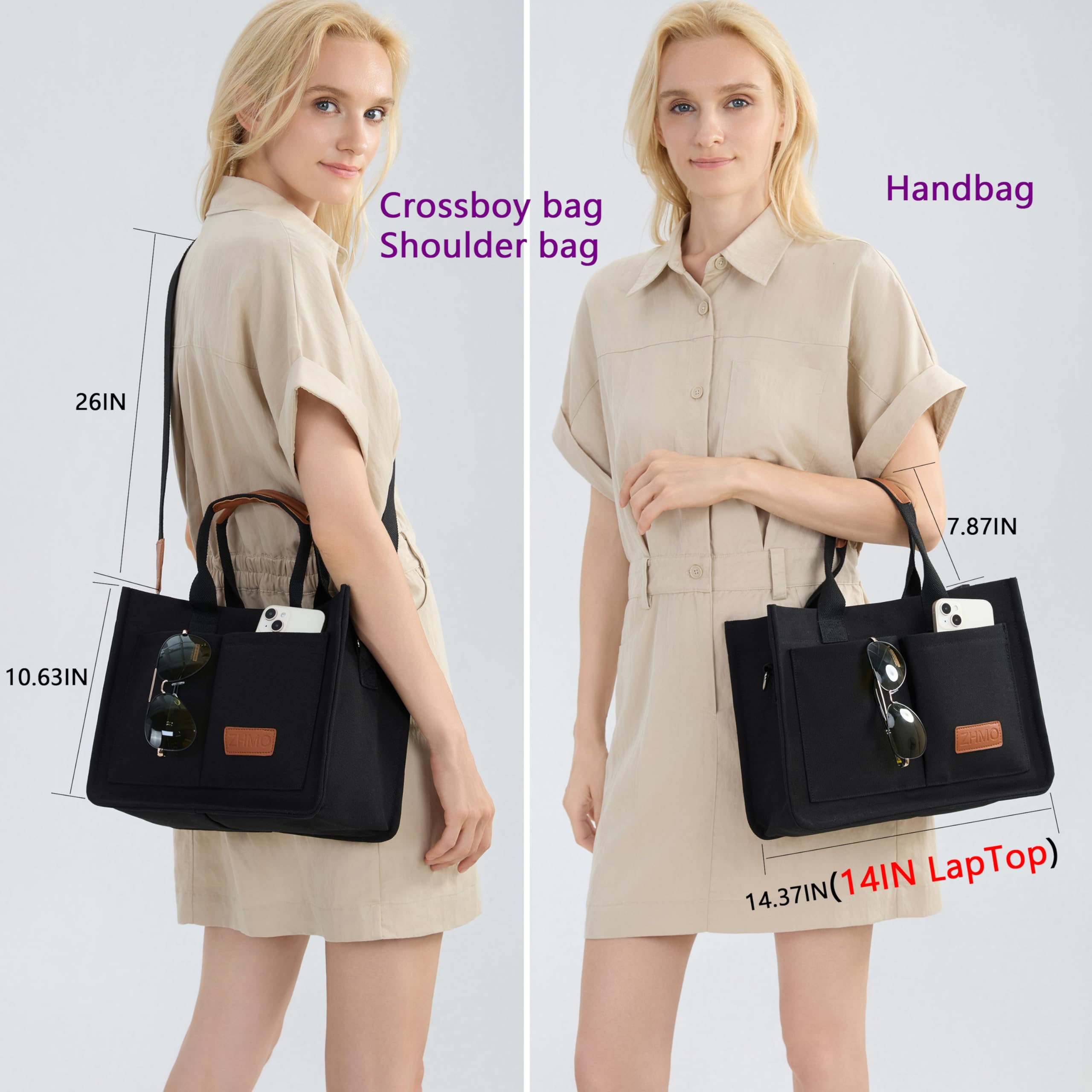 ZHMO Canvas Tote Bag for Women With Compartments and Pocket,Black Women's Bags Crossbody Bags Work Laptop Tote Bag Large Satchels Handbag Tote Purse Everyday Shoulder Bag for Travel Nurse Teacher Gift