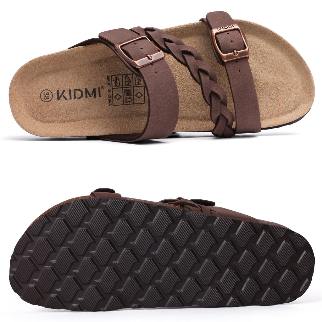 KIDMI Women's Cork Footbed Sandals with Arch Support Comfortable Slip-On Slide Sandals With Adjustable Buckle for Summer, Brown 39
