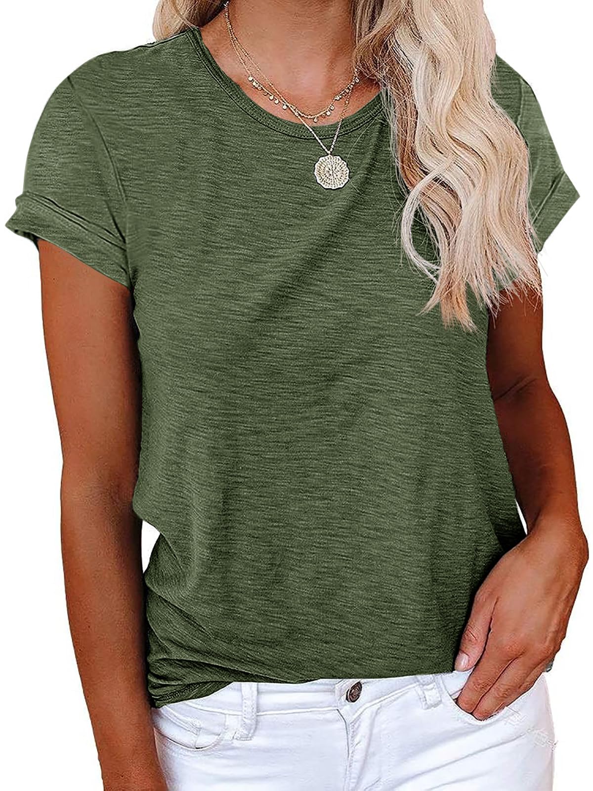 Cicy Bell Women's Short Sleeve Shirts Crewneck Loose Casual Summer Basic Tees Tops Green