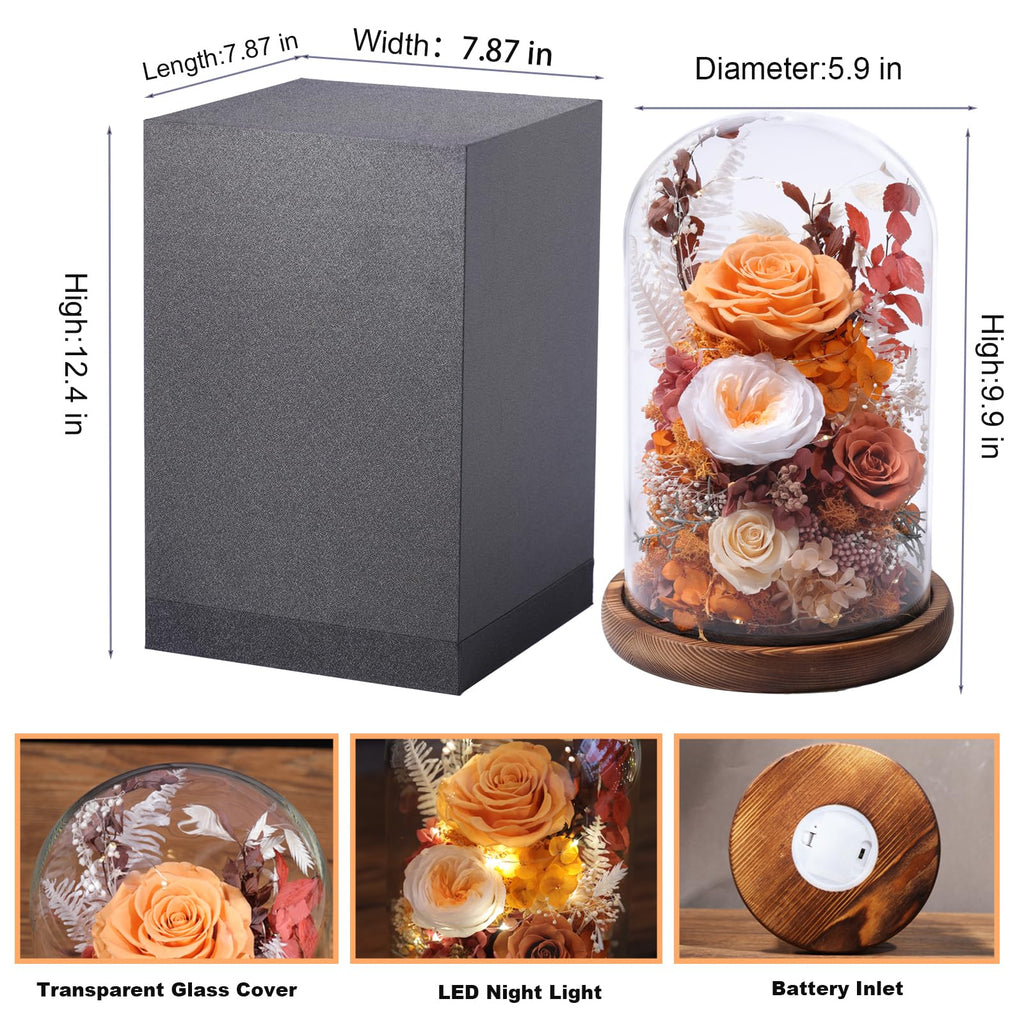 lovenfold Flowers for Delivery Prime Preserved Flowers Rose in Glass Dome,Orange Rose Forever Flowers Birthday Gifts for Women Mom Grandma Friend Thanksgiving Gifts for Her,Home Decor