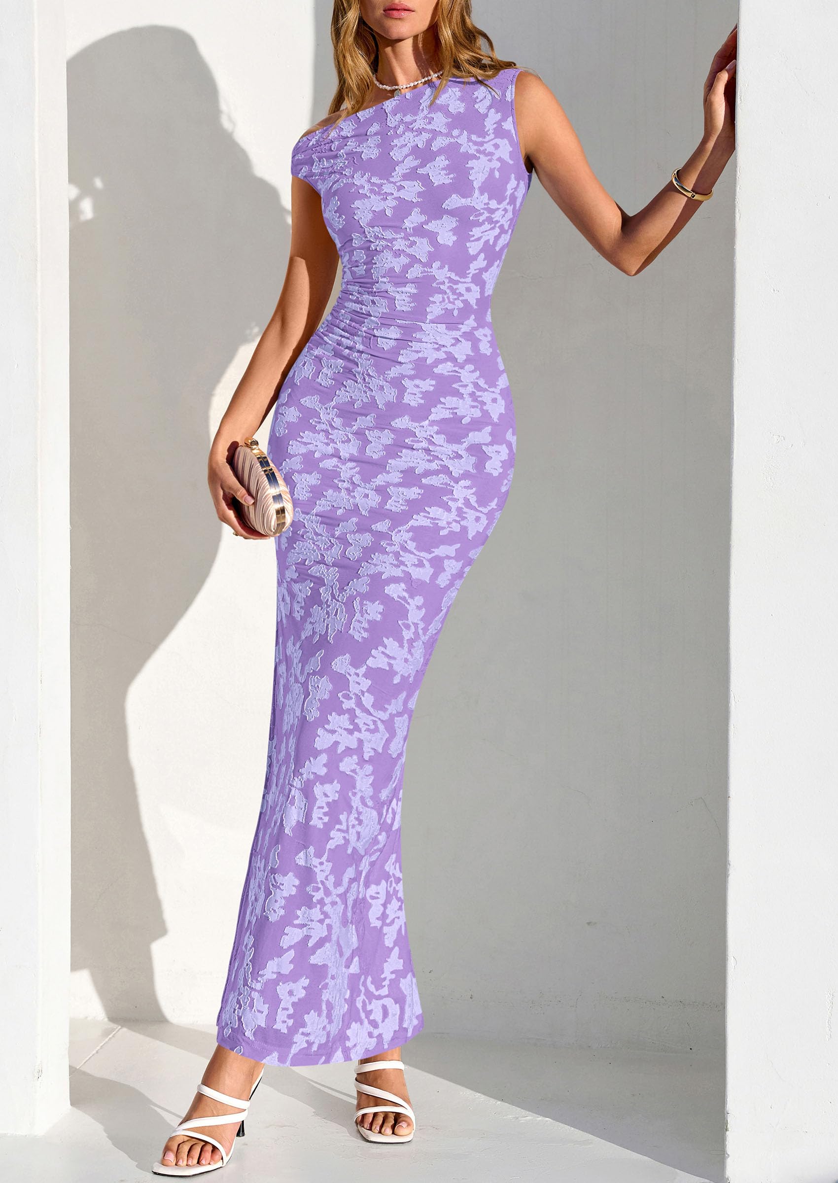 PRETTYGARDEN Womens Floral One Shoulder Maxi Dress 2026 Summer Spring Bodycon Ruched Side Slit Elegant Cocktail Party Dresses (Purple,X-Small)