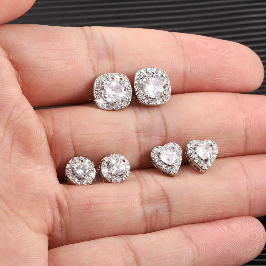 ALEXCRAFT Sterling Silver Halo Stud Earrings for Women Cubic Zirconia Round Heart Square Diamond Large Silver Studs Set Earring for Men 3 Pairs