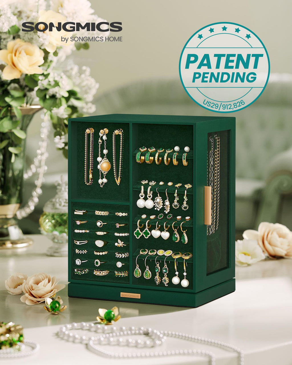 SONGMICS Jewelry Box 360° Rotating, Jewelry Storage Case with 5 Drawers, Jewelry Organizer, Glass Window, Spacious, Vertical Jewelry Storage, Open Design, Great Gift, Forest Green UJBC170C01