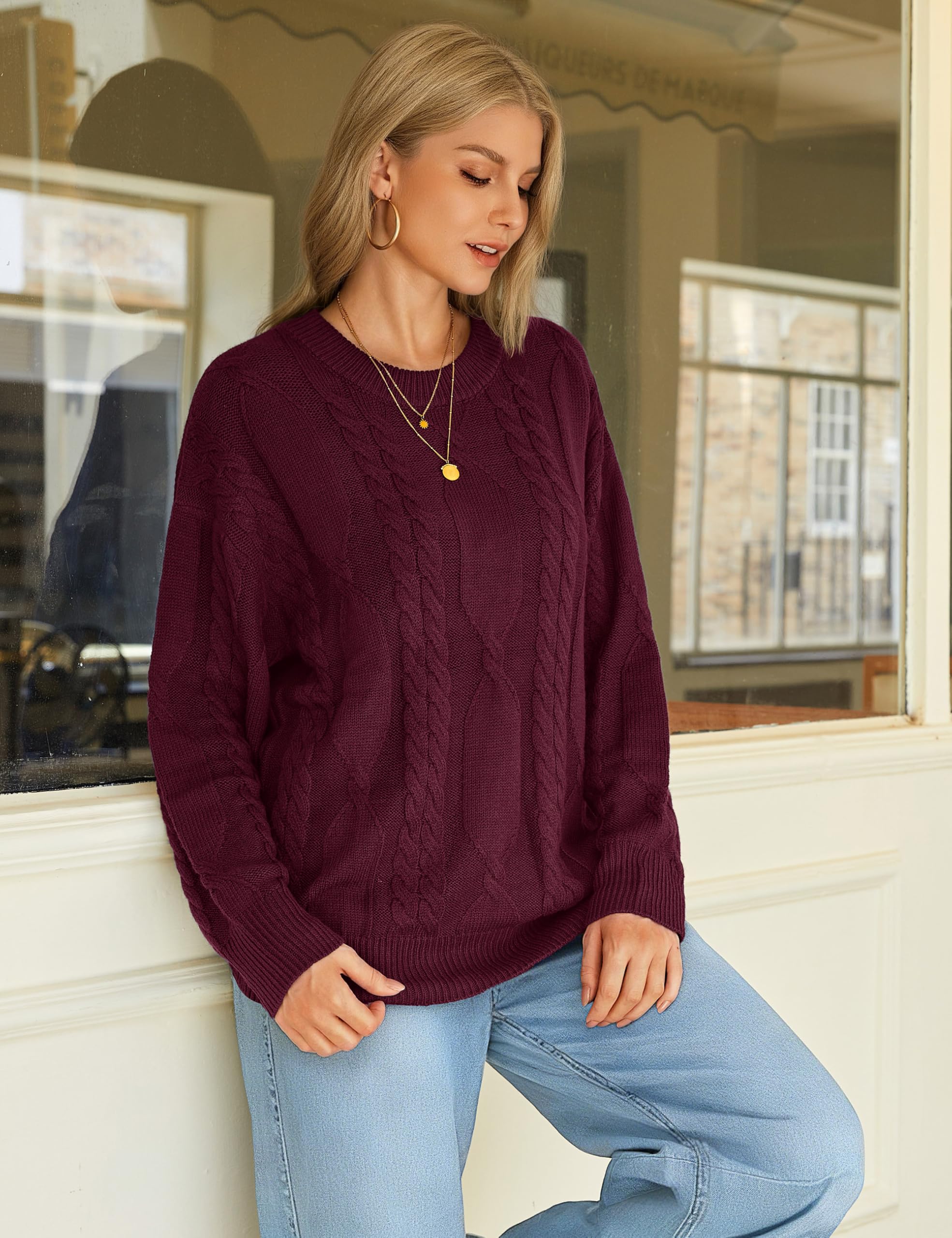 YUCOLEN Women's Sweaters Oversized Cable Knit Sweater Long Sleeve Crewneck 2026 Trendy Winter Pullover Tops, WineRed M