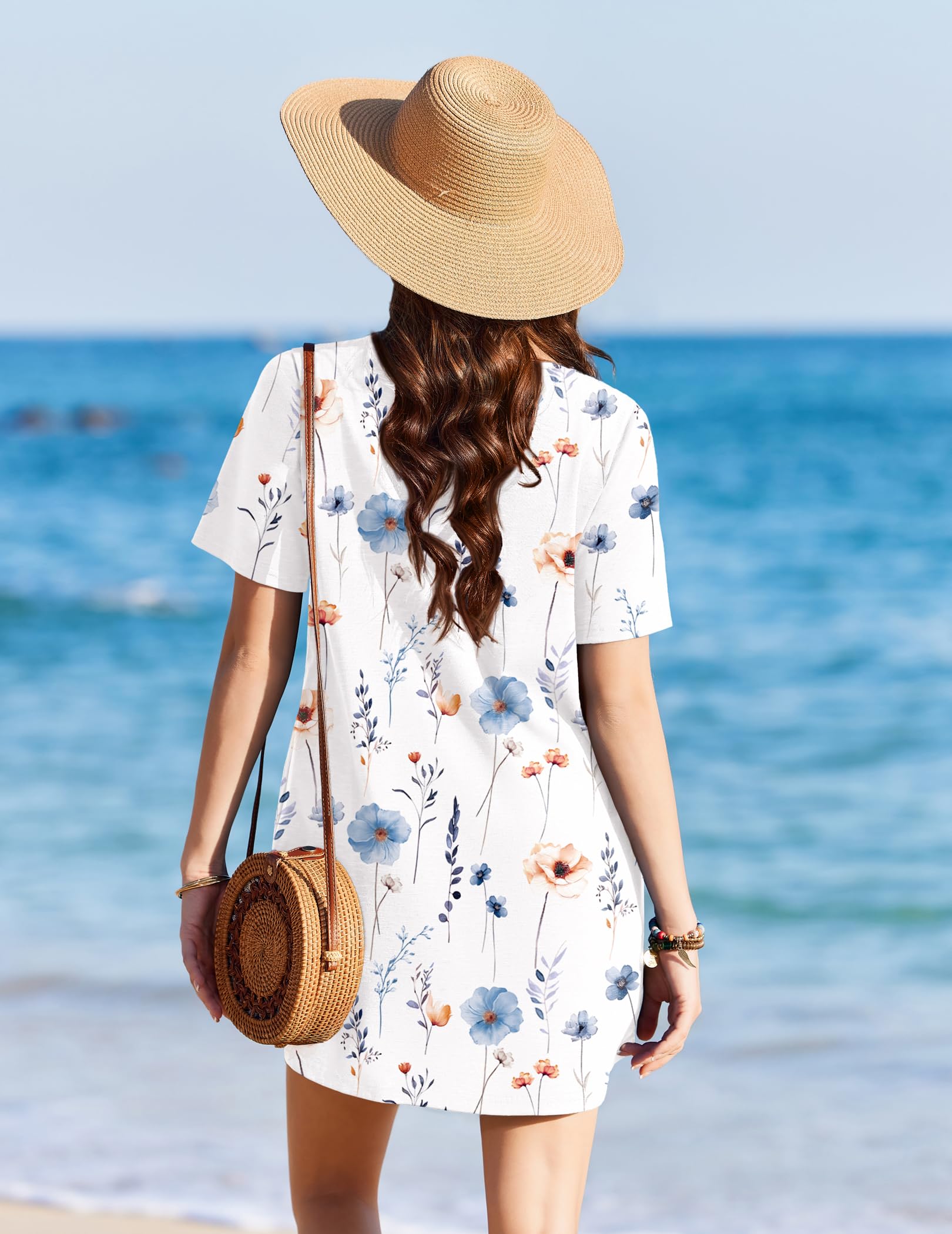 Ekouaer Swimsuit Coverup for Women 2026 Short Sleeve Bathing Suit Cover Ups Beach Summer T-Shirt Dresses with Pockets White Floral