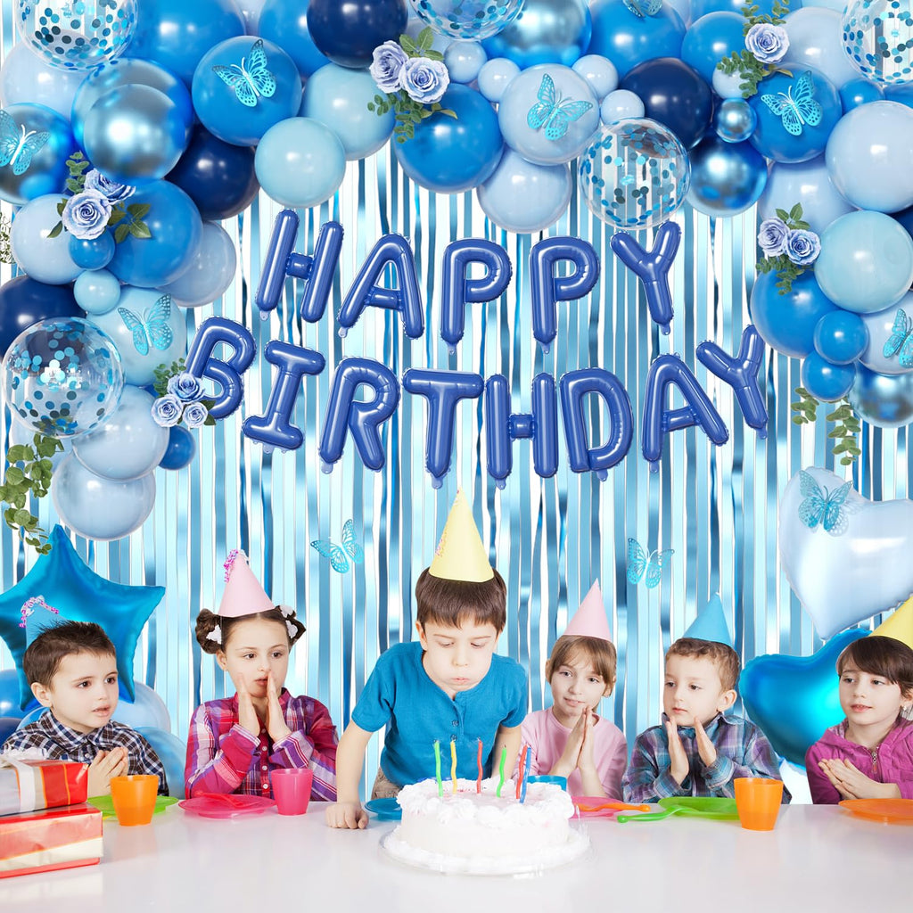 Navy Blue Birthday Decorations for Men Boys, Navy Blue Macaron Light Metallic Blue Confetti Balloons Happy Birthday Banner Butterfly Fringe Curtains for 21st 25th 30th Birthday Decorations