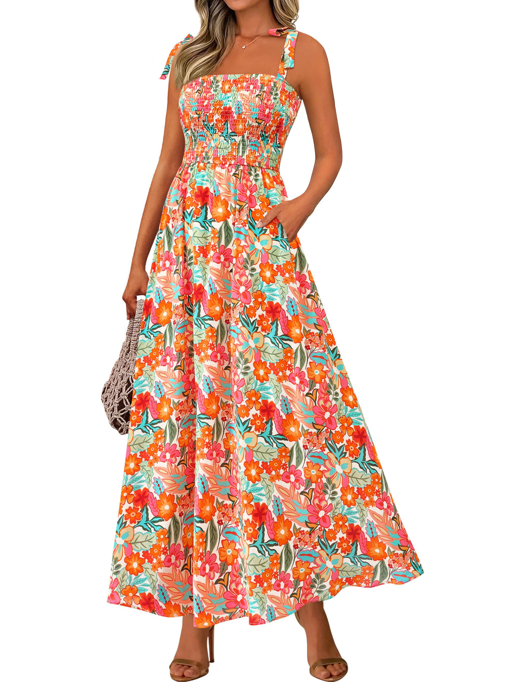 PRETTYGARDEN Womens Summer Dresses Floral Sleeveless Smocked Maxi Dress Boho Spaghetti Strap A Line Flowy Beach Long Sundress(Light Apricot Orange Flower,X-Large)
