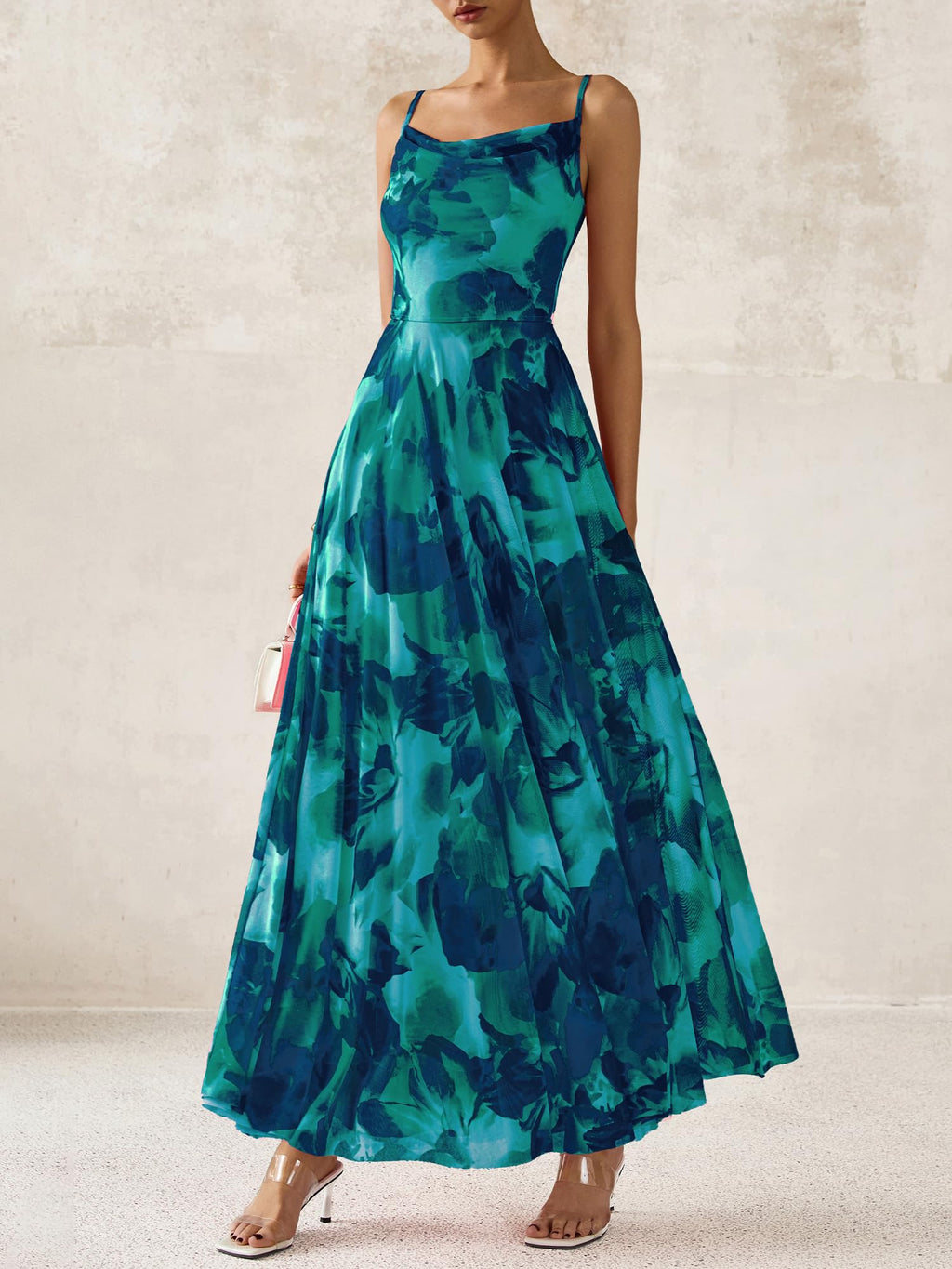 BTFBM Women Summer Floral Maxi Dresses Elegant Spaghetti Strap Dress Printed Party Dress Beach Long Dresses(Floral Lake Blue,Large)