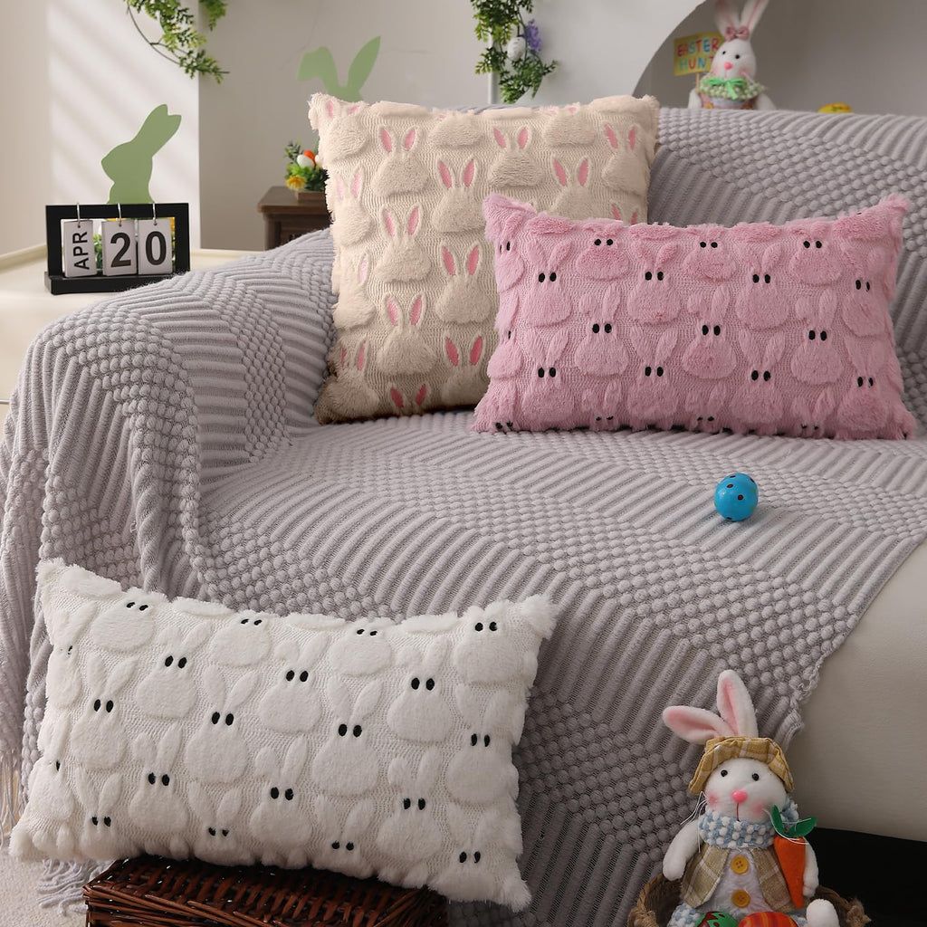 DFXSZ Easter Pillow Covers 16x16 inch Set of 2 Easter Decorations Pink Ears Beige Rabbit Soft Plush Faux Fur Jacquard Throw Pillows for Bedroom Sofa Holiday Festivals Home Decor FHJ-17C16