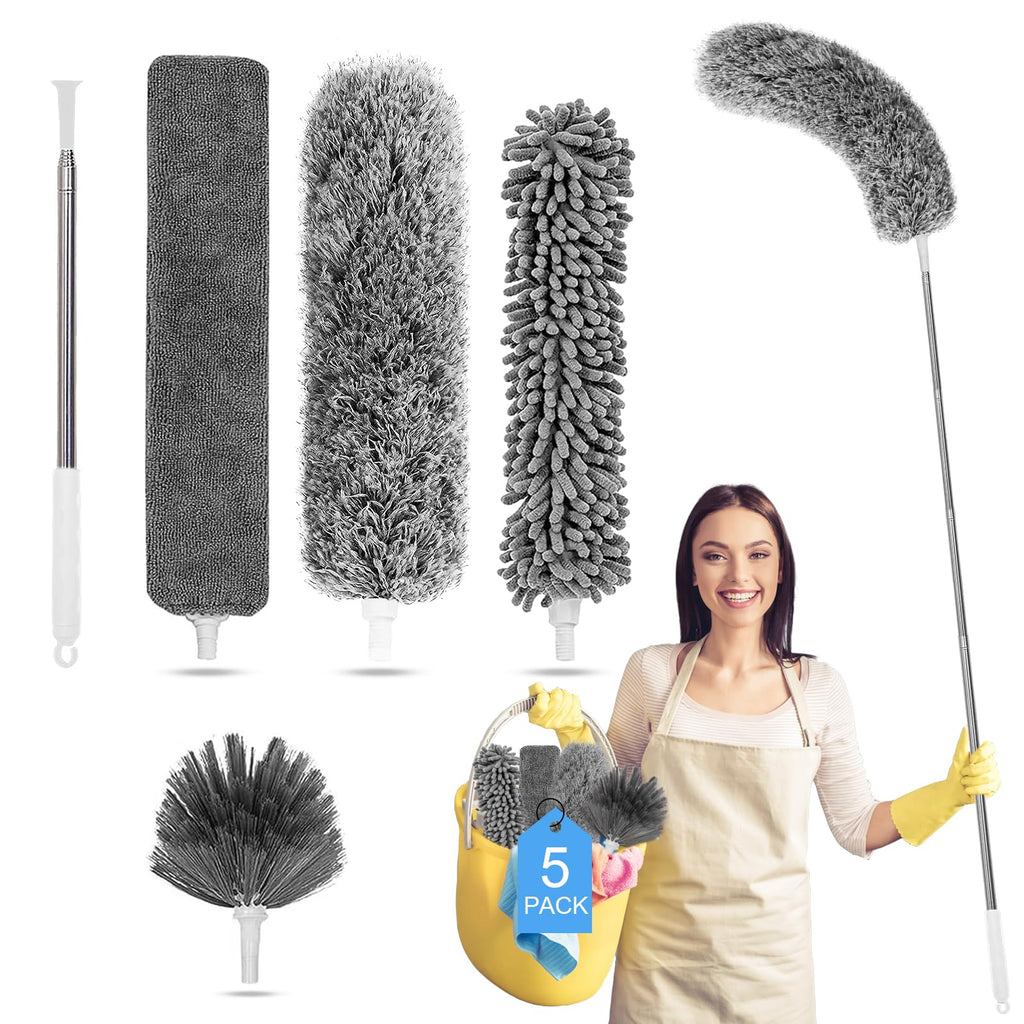 Tiumso Microfiber Feather Duster 5-in-1 Kit, Dusters for Cleaning, Duster with Extension Pole 100 Inches, Cobweb Duster, Microfiber Dusters for High Ceilings and Fans, Blinds, Cars and Furniture